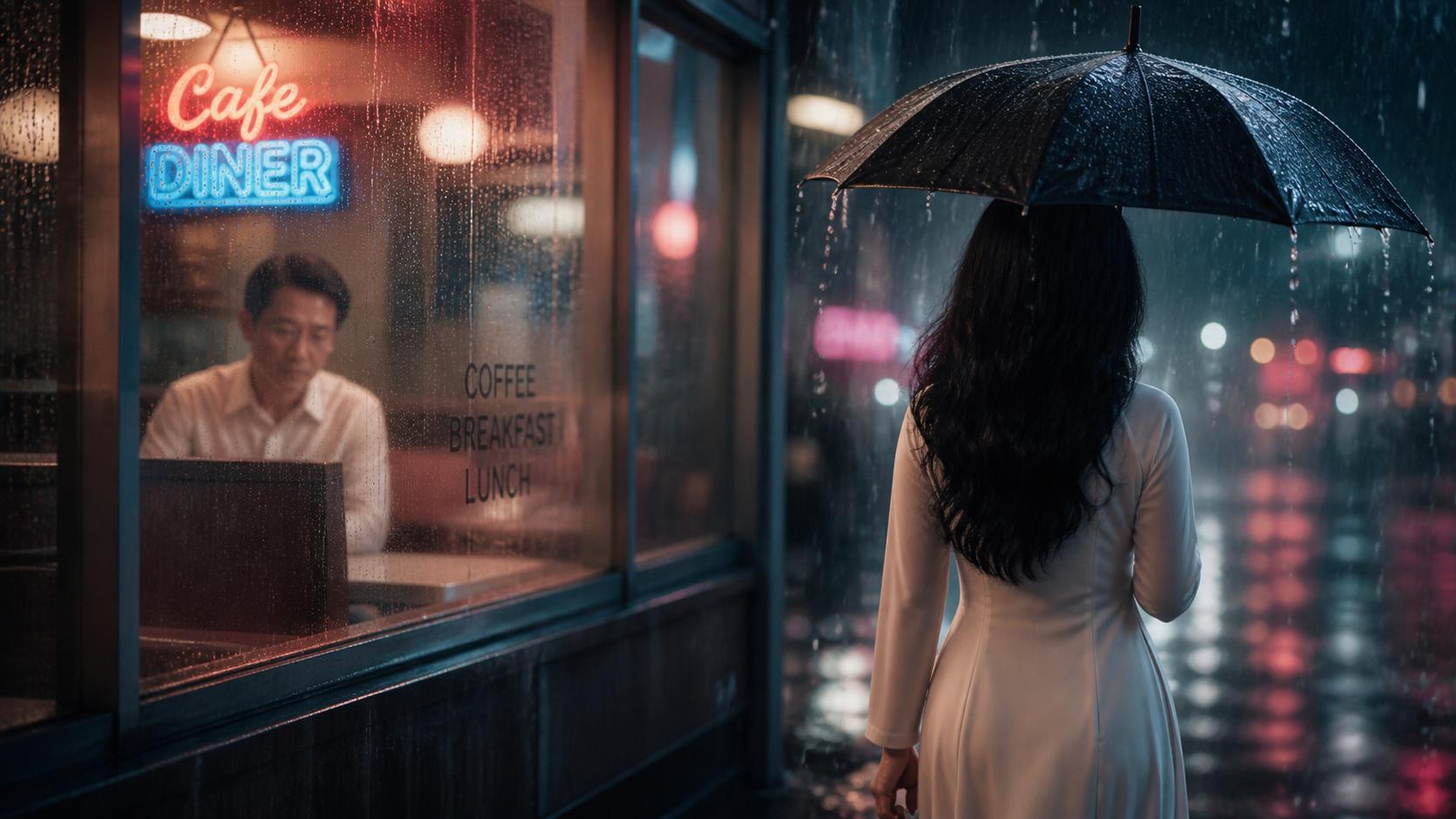 Giữ chính xác đường nét khuôn mặt, đeo kính của  2  nhân vật vietnamese  nam và nữ  ĐỘ TUỔI 40S   trong ảnh tham chiếu. Panel 4] The final storyboard panel. A dramatic split-focus shot. In the foreground, the woman walks out into the heavy rain, her back turned to the camera under a black umbrella. In the background, inside the diner, the man's blurry silhouette stays behind, looking down. Raindrops fracturing the neon lights, a powerful image of endless