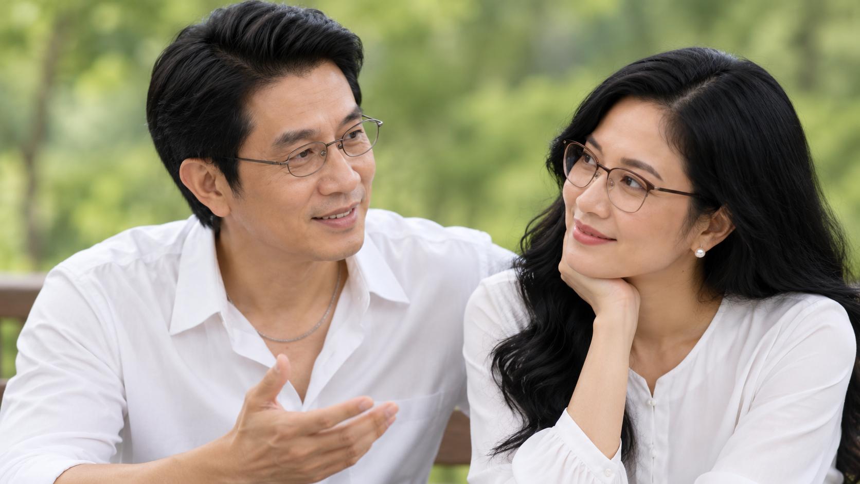 GIỮ CHÍNH XÁC ĐƯỜNG NÉT KHUÔN MẶT. ĐEO KÍNH, TUỔI TRẺ 30 YEAR OLD NAM mỉm cười nói với NỮ như đang hứa hẹn một tương lai.,
