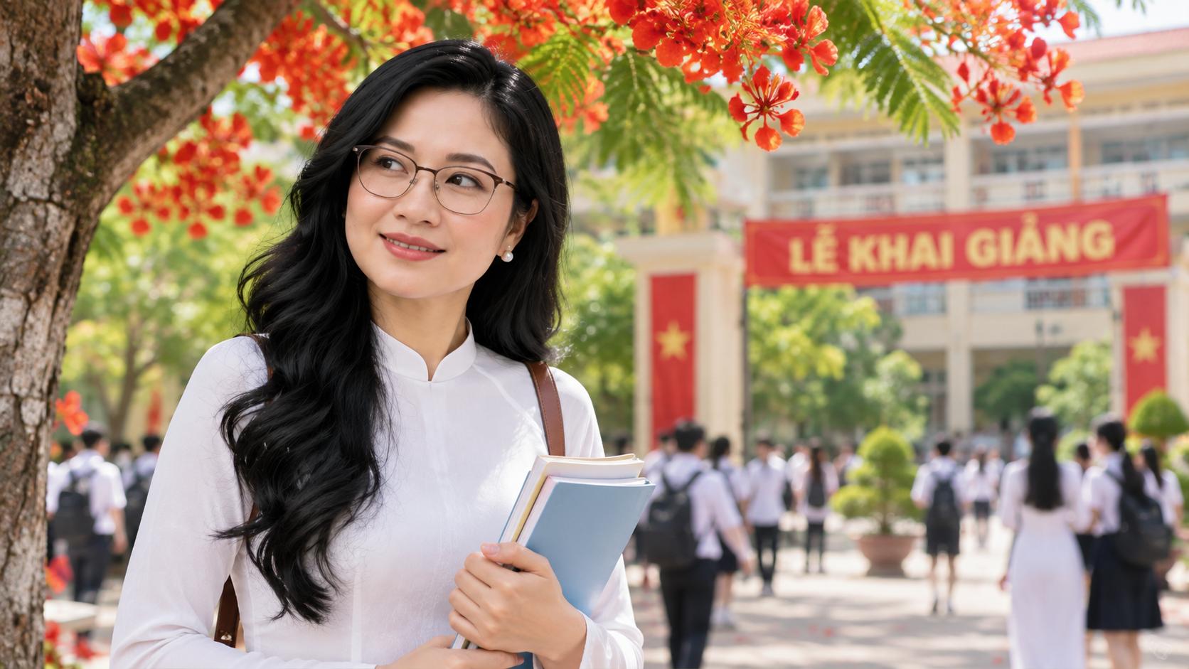 GIỮ CHÍNH XÁC ĐƯỜNG NÉT KHUÔN MẶT. ĐEO KÍNH, TUỔI TRẺ 30 YEAR OLD ,NỮ trở lại trường vào ngày khai giảng. Cô đứng dưới cây phượng và nhìn quanh tìm NAM.