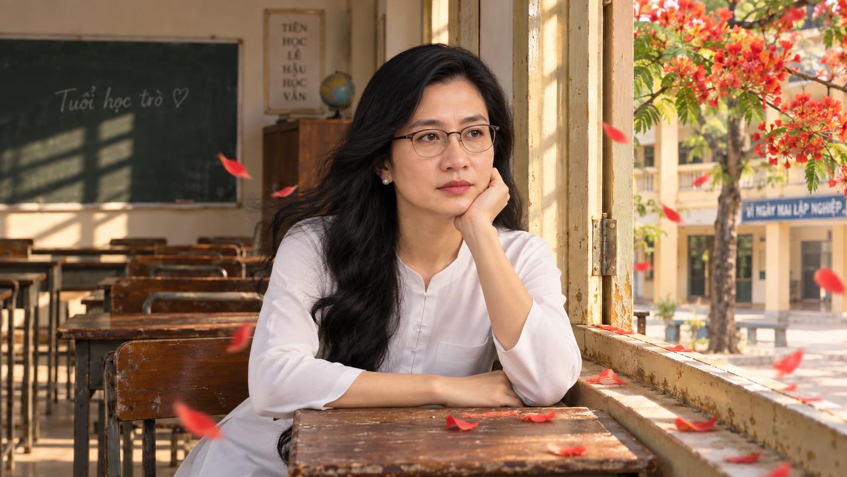 GIỮ CHÍNH XÁC ĐƯỜNG NÉT KHUÔN MẶT. ĐEO KÍNH, TUỔI TRẺ 30 YEAR OLD  ,
NỮ nhận ra NAM không xuất hiện. Nụ cười biến mất. Một cơn gió thổi qua, vài cánh phượng rơi xuống