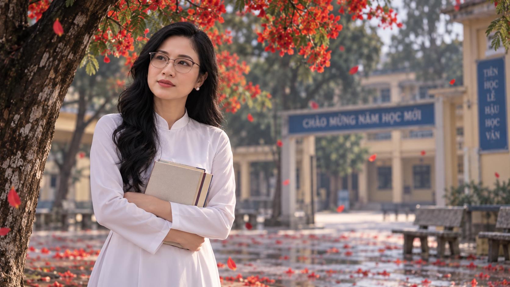 GIỮ CHÍNH XÁC ĐƯỜNG NÉT KHUÔN MẶT. ĐEO KÍNH, TUỔI TRẺ 30 YEAR OLD  ,
Dramatic cinematic Vietnamese schoolyard at the beginning of a new school year, young Vietnamese girl in white school uniform standing alone beneath a flamboyant tree, looking around for someone who never arrives, empty schoolyard, lonely expression, red flowers falling slowly, transition from warm summer colors to cooler muted tones, emotional heartbreak, realistic cinematic film, 16:9