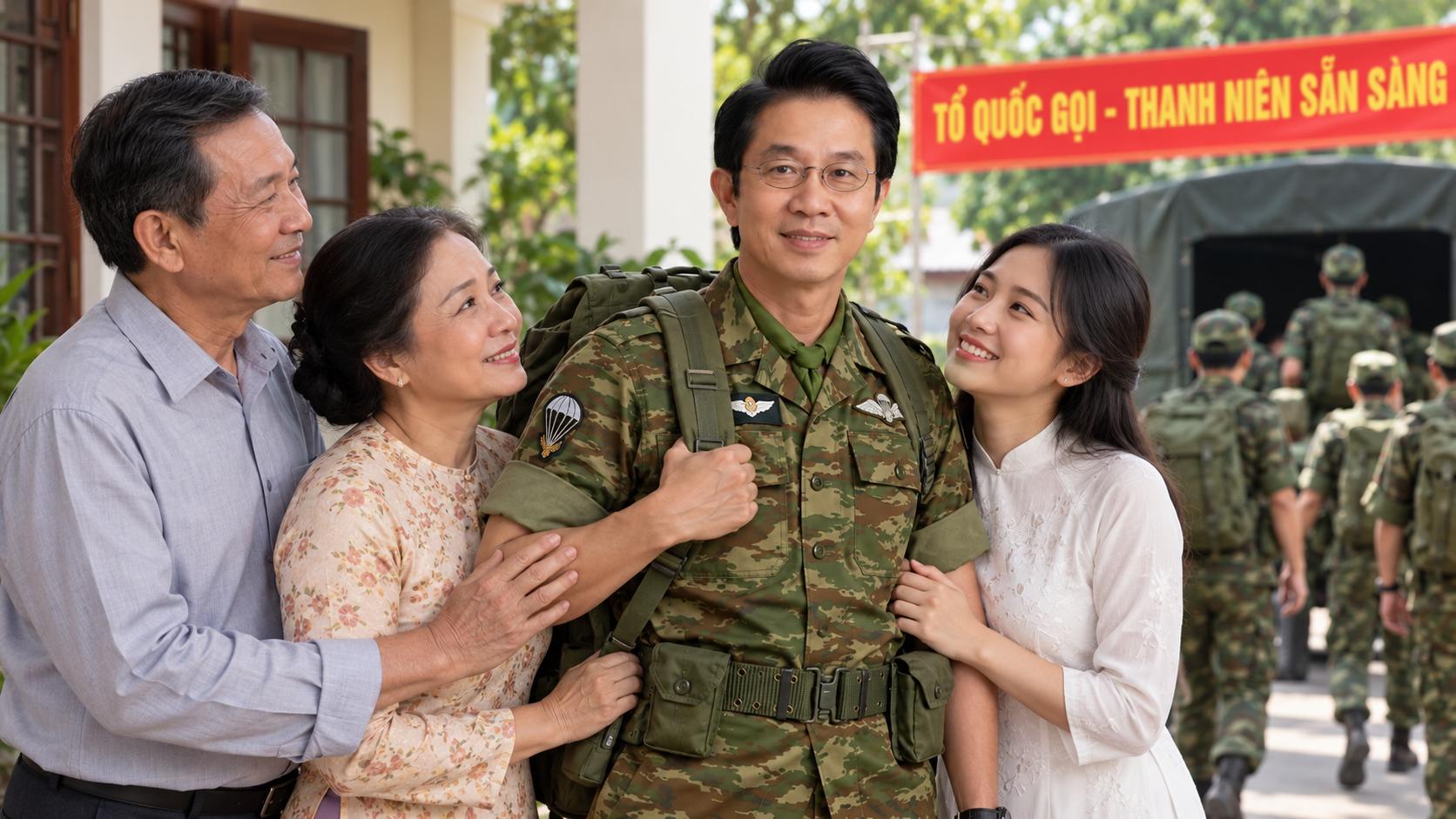 GIỮ CHÍNH XÁC ĐƯỜNG NÉT KHUÔN MẶT, ĐEO KÍNH,ANH  ẤY ĐỘ TUỔI 30 YEAR OLD NAM mặc quân phục, chuẩn bị lên đường. Anh đứng bên gia đình.