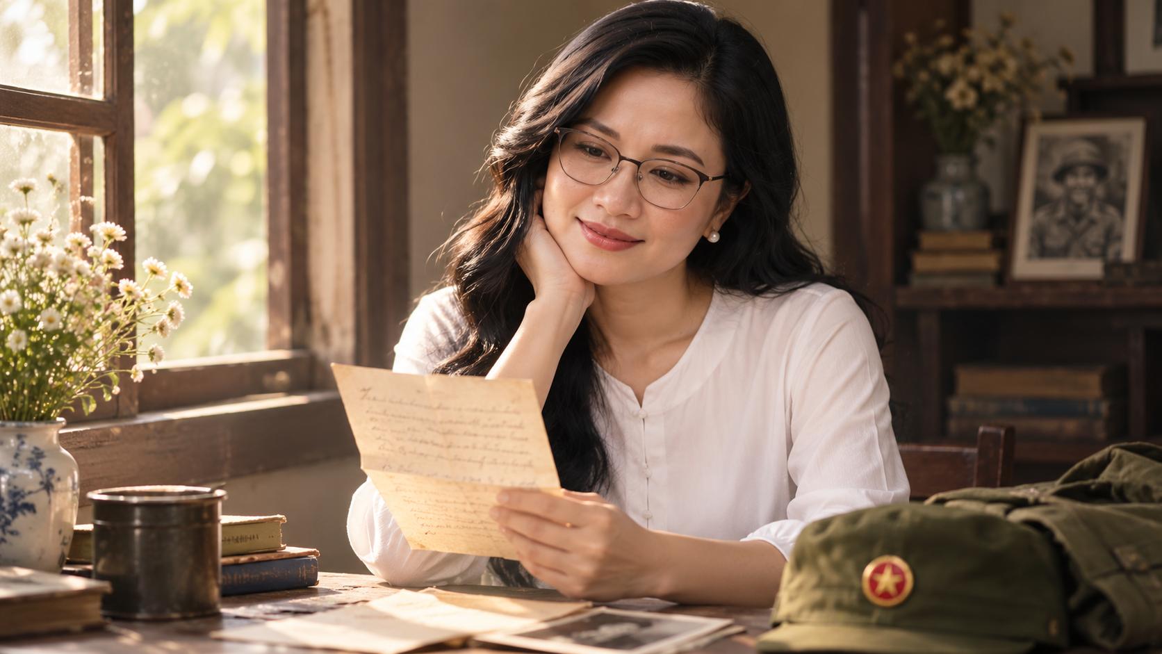 GIỮ CHÍNH XÁC ĐƯỜNG NÉT KHUÔN MẶT, ĐEO KÍNH,CÔ  ẤY ĐỘ TUỔI 30 YEAR OLD .Young Vietnamese woman sitting alone beside a window, reading a handwritten letter from her beloved soldier, white blouse, long black hair, emotional eyes, quiet room, soft afternoon light, nostalgic cinematic atmosphere, realistic Vietnamese woman, 16:9