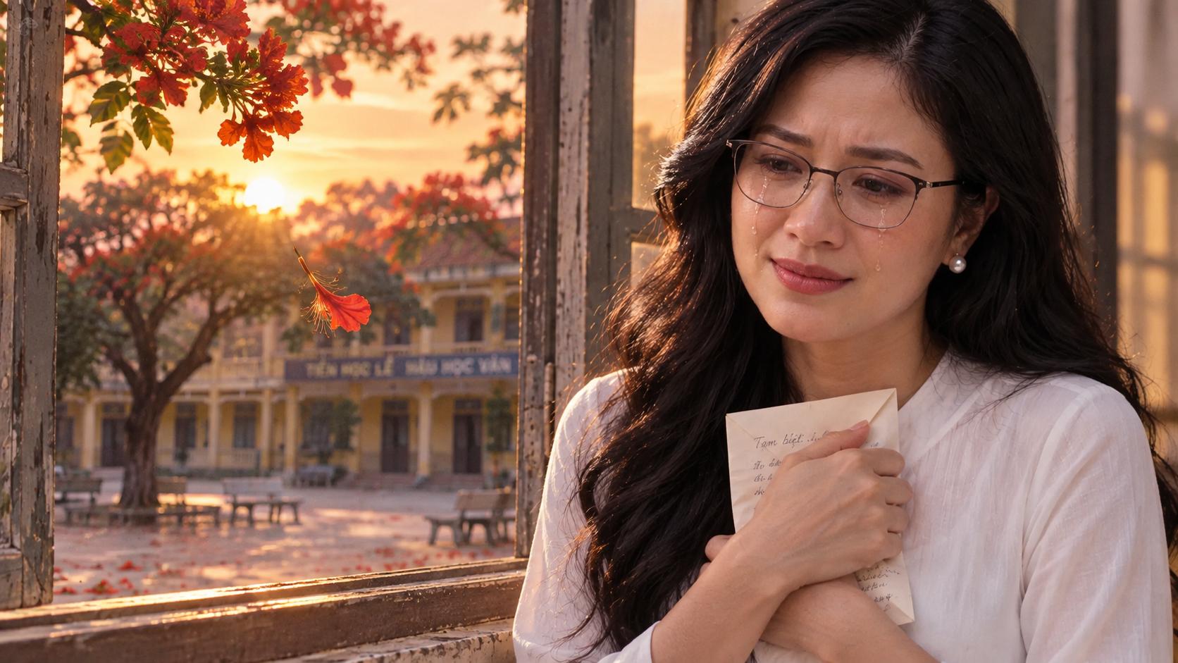 A young Vietnamese woman slowly folds a handwritten farewell letter and holds it tightly against her chest, tears on her face, standing beside an open window, outside a single red flamboyant flower falls slowly through the air, empty nostalgic schoolyard in the distance, sunset light, heartbreaking first love, cinematic masterpiece, extremely realistic Vietnamese characters, slow emotional atmosphere, 35mm film look, dramatic composition, 16:9