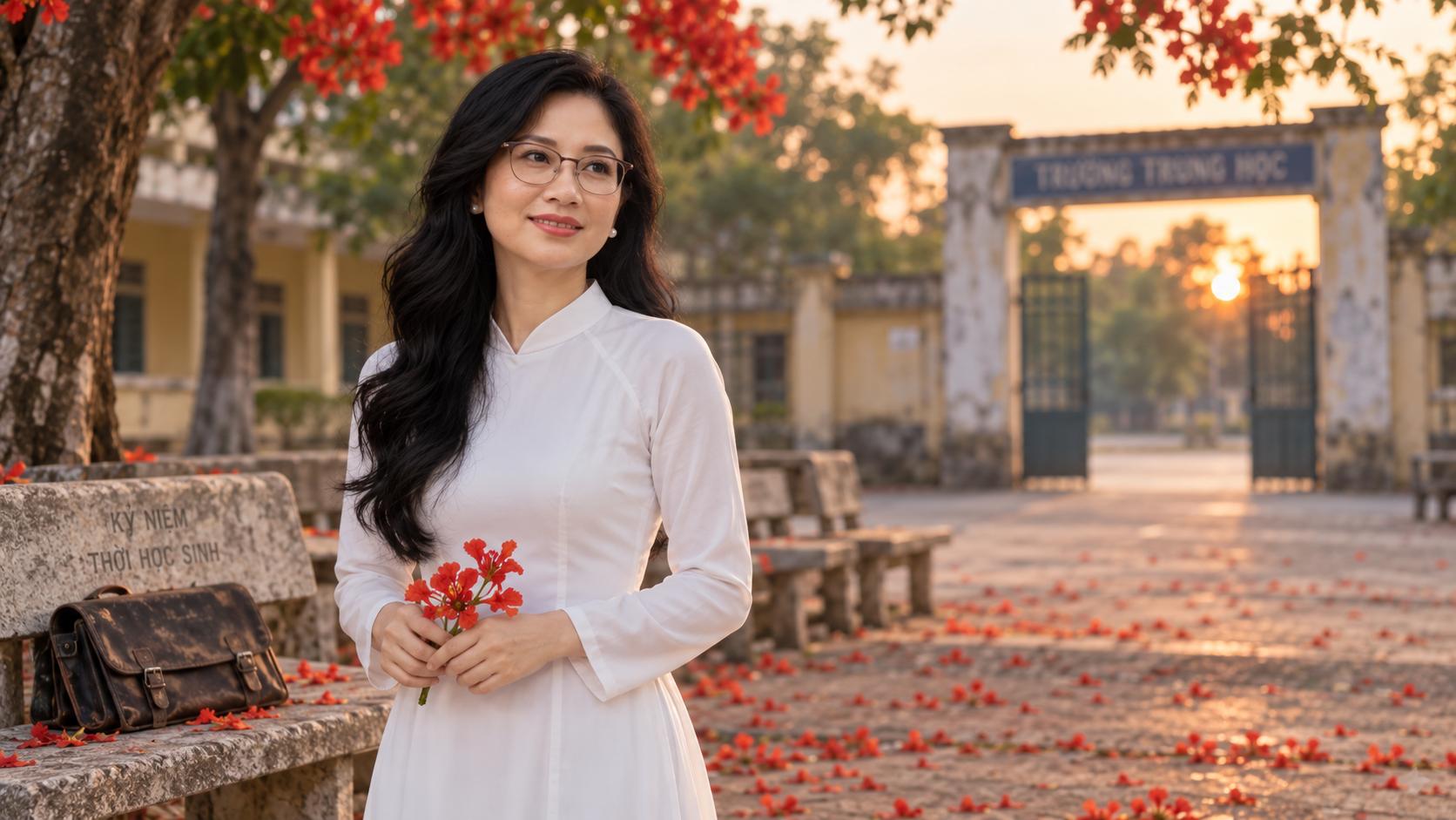 GIỮ CHÍNH XÁC ĐƯỜNG NÉT KHUÔN MẶT, ĐEO KÍNH, ĐỘ TUỔI TRẺ 30 YEAR OLD .Cô gái TRẺ đứng một mình trong sân trường cũ vào buổi chiều. Sân trường vắng, những hàng ghế đá im lặng. Cánh phượng đỏ rơi nhẹ. Một chiếc cặp học sinh cũ nằm trên ghế như dấu tích của một thời đã qua. Cô nhìn về phía cổng trường, nơi ngày xưa người con trai đã bước đi.