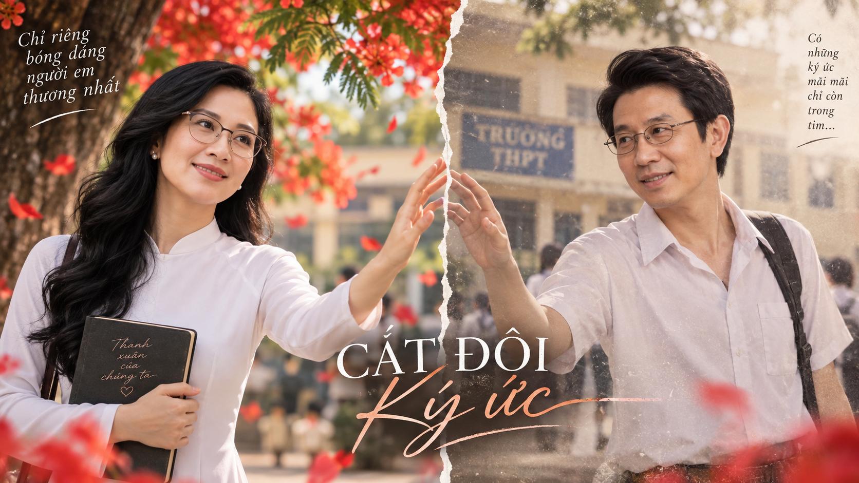 GIỮ CHÍNH XÁC ĐƯỜNG NÉT KHUÔN MẶT, ĐEO KÍNH, ĐỘ TUỔI TRẺ 30 YEAR OLD .“Chỉ riêng bóng dáng người em thương nhất”
Phong cách: CẮT ĐÔI KÝ ỨC
Phân cảnh:
Màn hình chia đôi.
- Bên trái: cô gái hiện tại đứng dưới cây phượng.
- Bên phải: chàng trai ngày xưa đang đứng bên cô trong sân trường.
Hai thế giới cùng tồn tại nhưng không thể chạm vào nhau. Cô đưa tay về phía anh, nhưng bàn tay chỉ chạm vào khoảng không.