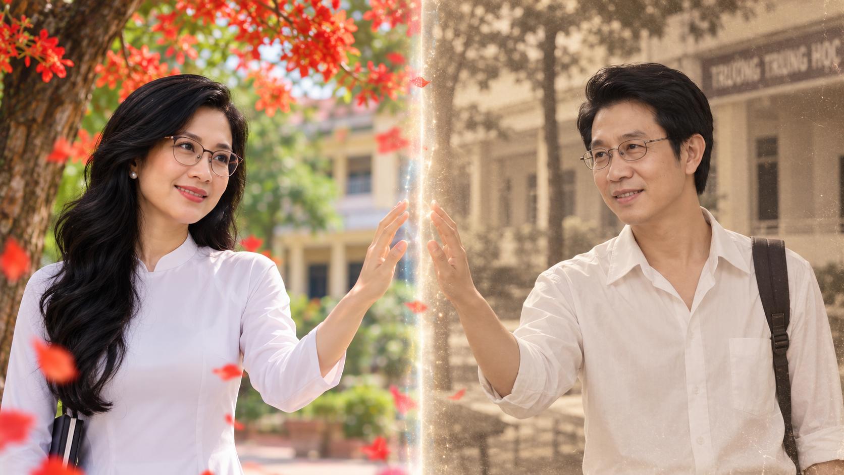GIỮ CHÍNH XÁC ĐƯỜNG NÉT KHUÔN MẶT, ĐEO KÍNH, ĐỘ TUỔI TRẺ 30 YEAR OLD .Màn hình chia đôi
- Bên trái: cô gái hiện tại đứng dưới cây phượng.
- Bên phải: chàng trai ngày xưa đang đứng bên cô trong sân trường.
Hai thế giới cùng tồn tại nhưng không thể chạm vào nhau. Cô đưa tay về phía anh, nhưng bàn tay chỉ chạm vào khoảng không.