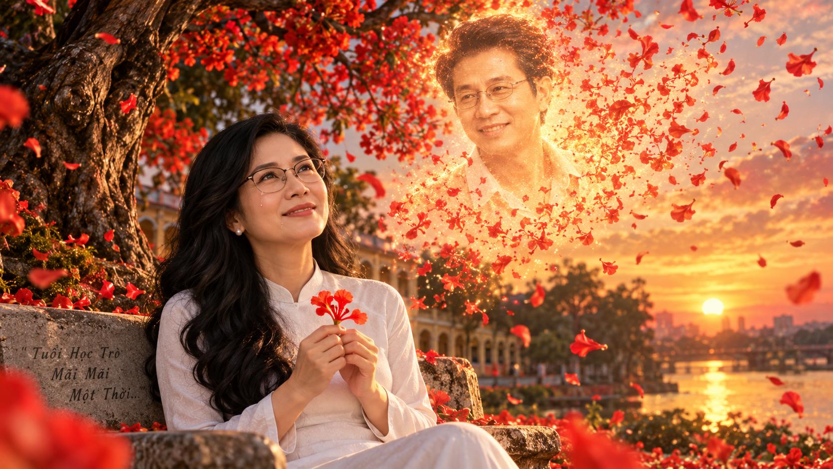 Epic emotional ending of a timeless Vietnamese first-love story, an elegant mature Vietnamese woman sitting peacefully beneath an enormous ancient blooming flamboyant tree at sunset, holding one old preserved red flamboyant flower from her school days, gentle tears in her eyes, she closes her eyes and remembers her first love, thousands of glowing red flamboyant petals begin floating around her, forming the subtle luminous silhouette of the young man she loved long ago, he smiles warmly and peacefully before dissolving into golden light and drifting petals, she opens her eyes and looks toward the sunset, eternal love and unforgettable memory, magical realism blended with cinematic realism, breathtaking Vietnamese romantic cinema, warm golden light, emotional masterpiece, 35mm film, ultra detailed