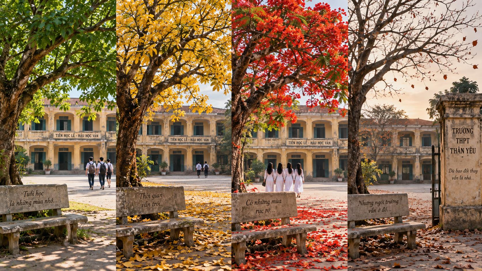 Sân trường cũ qua nhiều năm. Cây phượng từ mùa này sang mùa khác: lá xanh → lá vàng → hoa đỏ → rồi lại rụng. Ngôi trường vẫn còn đó nhưng mọi thứ đã đổi thay.