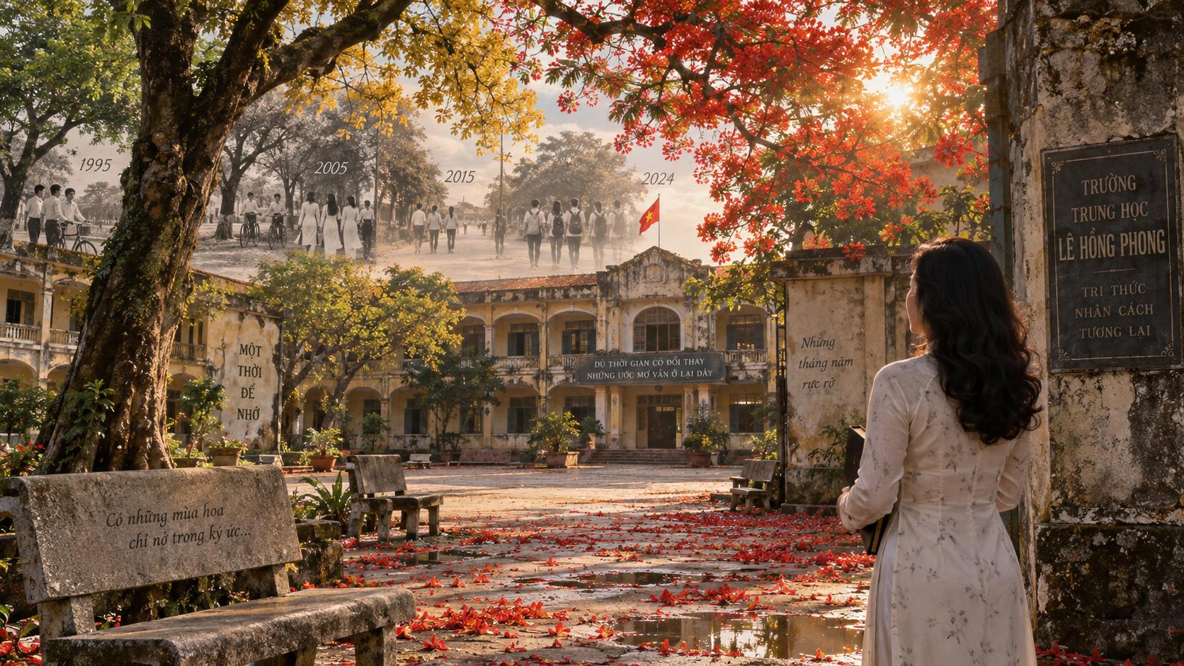 Cinematic Vietnamese nostalgic school courtyard across many passing years, the same old high school slowly changing through the seasons, enormous flamboyant trees changing from green leaves to golden leaves and finally brilliant red flowers, old school buildings aging gently with time, empty stone benches, fallen petals covering the pathway, beautiful mature Vietnamese woman standing quietly in the present observing the place where she once studied, poetic visual representation of time passing, melancholic yet beautiful, golden afternoon light, realistic Vietnamese cinema, 35mm film photography, atmospheric depth, ultra detailed
