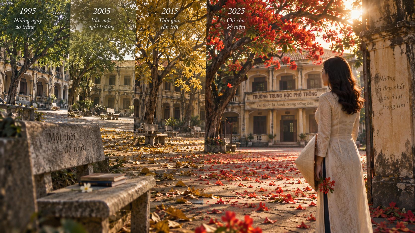 Cinematic Vietnamese nostalgic school courtyard across many passing years, the same old high school slowly changing through the seasons, enormous flamboyant trees changing from green leaves to golden leaves and finally brilliant red flowers, old school buildings aging gently with time, empty stone benches, fallen petals covering the pathway, beautiful mature Vietnamese woman standing quietly in the present observing the place where she once studied, poetic visual representation of time passing, melancholic yet beautiful, golden afternoon light, realistic Vietnamese cinema, 35mm film photography, atmospheric depth, ultra detailed, NO FLAG