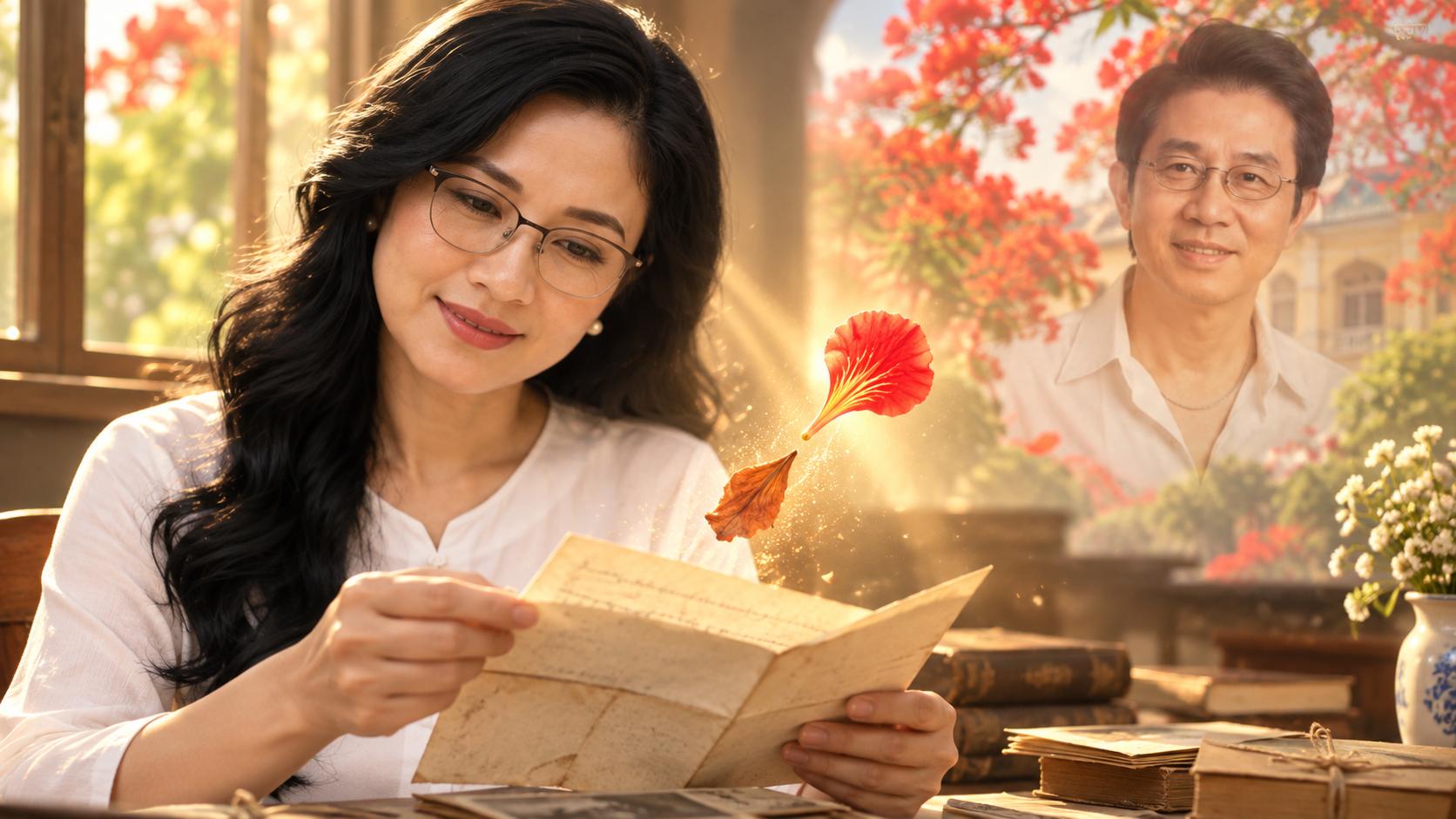 Cô mở một lá thư cũ.
Một cánh phượng khô rơi ra giữa những trang giấy.
Khi cánh phượng chạm ánh nắng, nó dần biến thành một cánh phượng đỏ tươi trong ký ức.