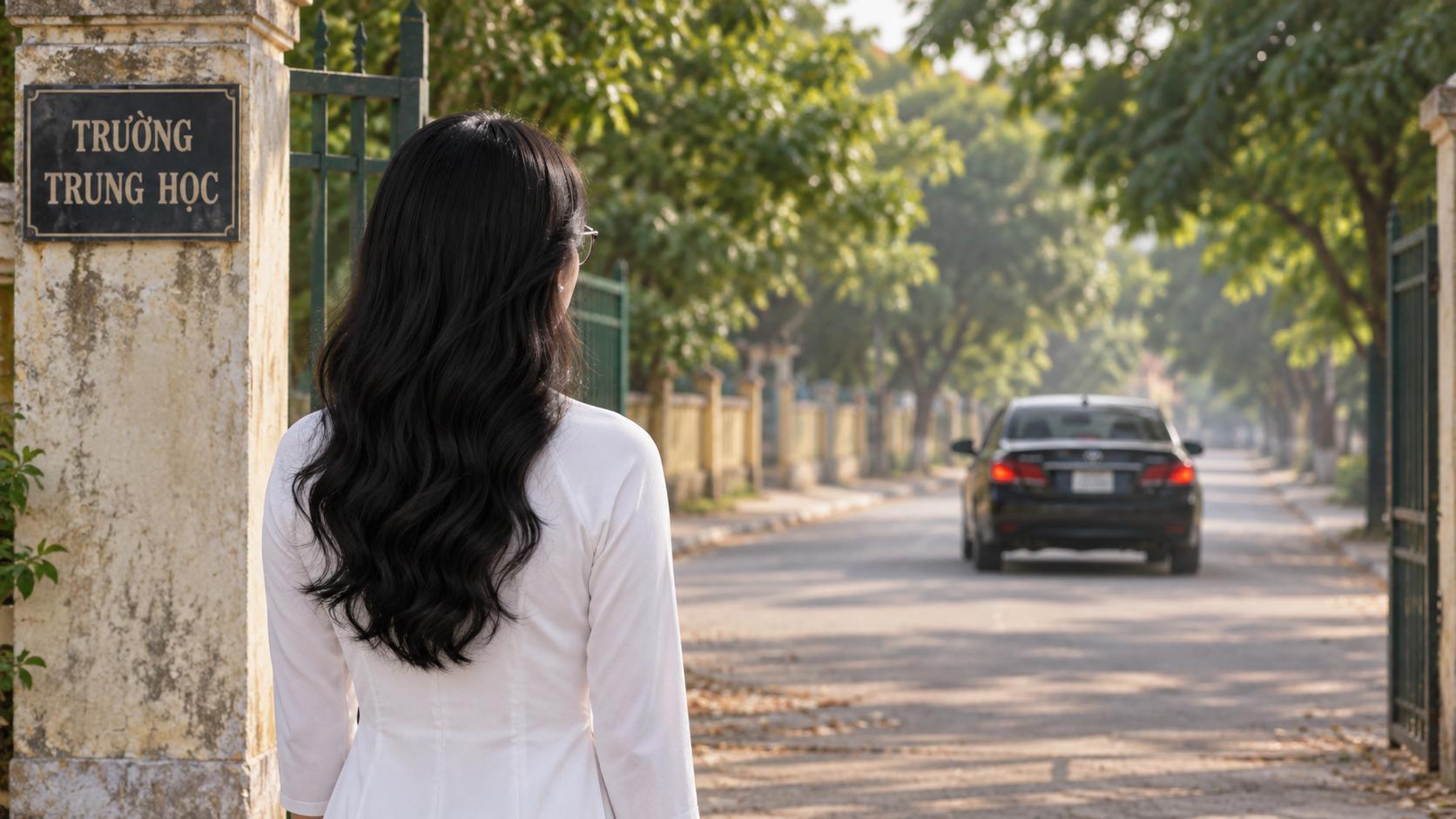 Chiếc xe đã khuất xa. Cô gái vẫn đứng bên cổng trường. Không chạy theo, không khóc lớn. Chỉ đứng bất động nhìn theo con đường.
