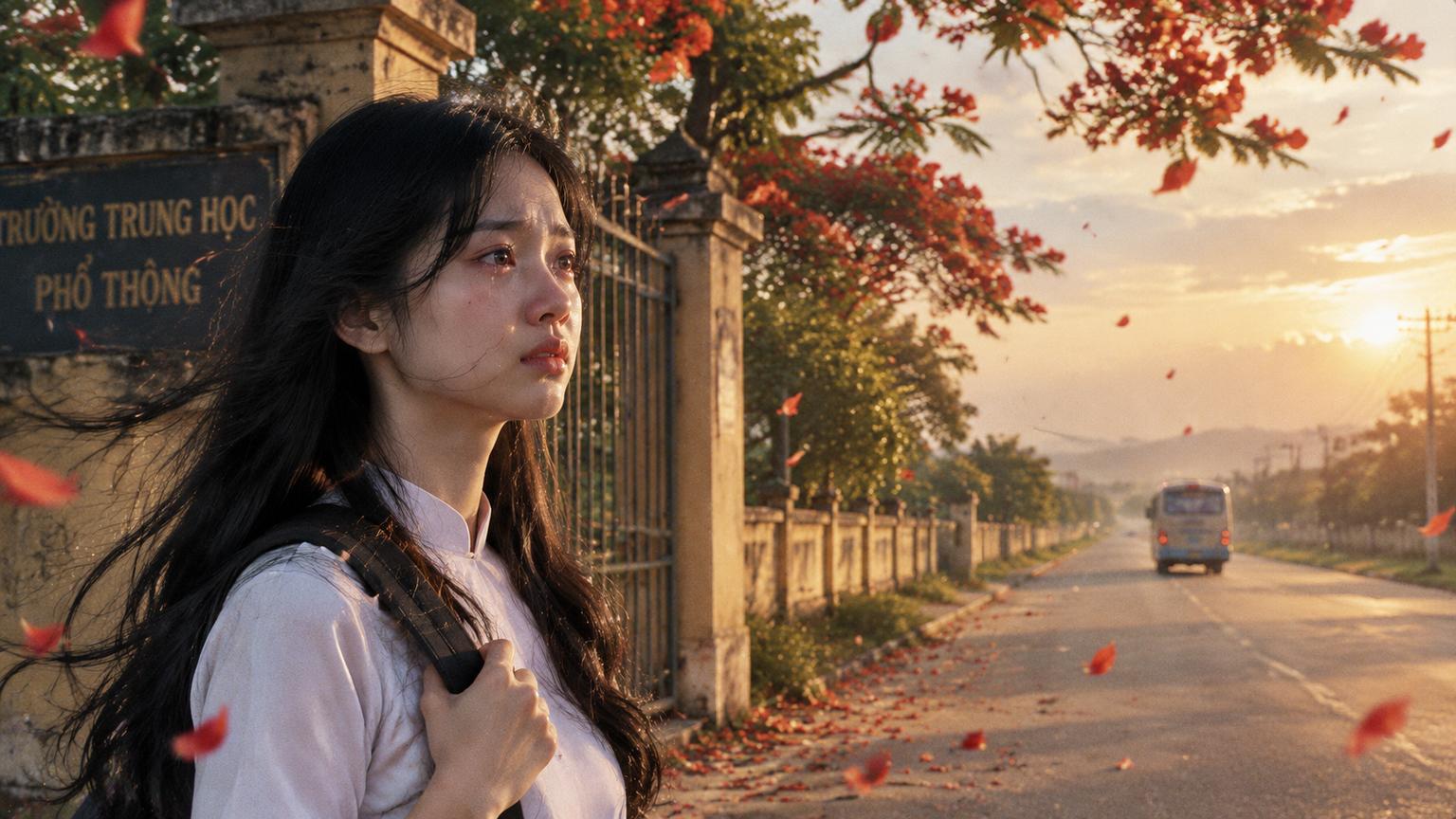 Cinematic Vietnamese farewell scene, a beautiful Vietnamese high-school girl standing completely alone beside the old school gate after the bus carrying her first love has disappeared into the distance, white school blouse, long black hair moving gently in the wind, tears quietly filling her eyes, empty road stretching toward the horizon, red flamboyant petals falling around her, late summer afternoon, profound loneliness, restrained emotion, realistic Vietnamese cinema, 35mm film, soft golden light, highly detailed