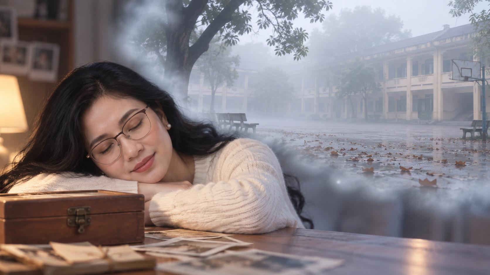 Cô ngủ bên chiếc hộp kỷ niệm. Trong giấc mơ, sân trường xuất hiện trong màn sương. Mọi thứ giống hệt ngày xưa nhưng không có một bóng người.GIỮ CHÍNH XÁC ĐƯỜNG NÉT KHUÔN MẶT,ĐEO KÍNH, ĐỘ TUỔI TRẺ 30 YEAR OLD