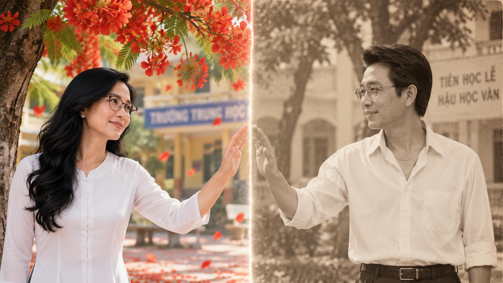 Màn hình chia đôi. Bên trái: cô gái hiện tại đứng dưới cây phượng. Bên phải: chàng trai ngày xưa đang đứng bên cô trong sân trường. Hai thế giới cùng tồn tại nhưng không thể chạm vào nhau. Cô đưa tay về phía anh, nhưng bàn tay chỉ chạm vào khoảng không.