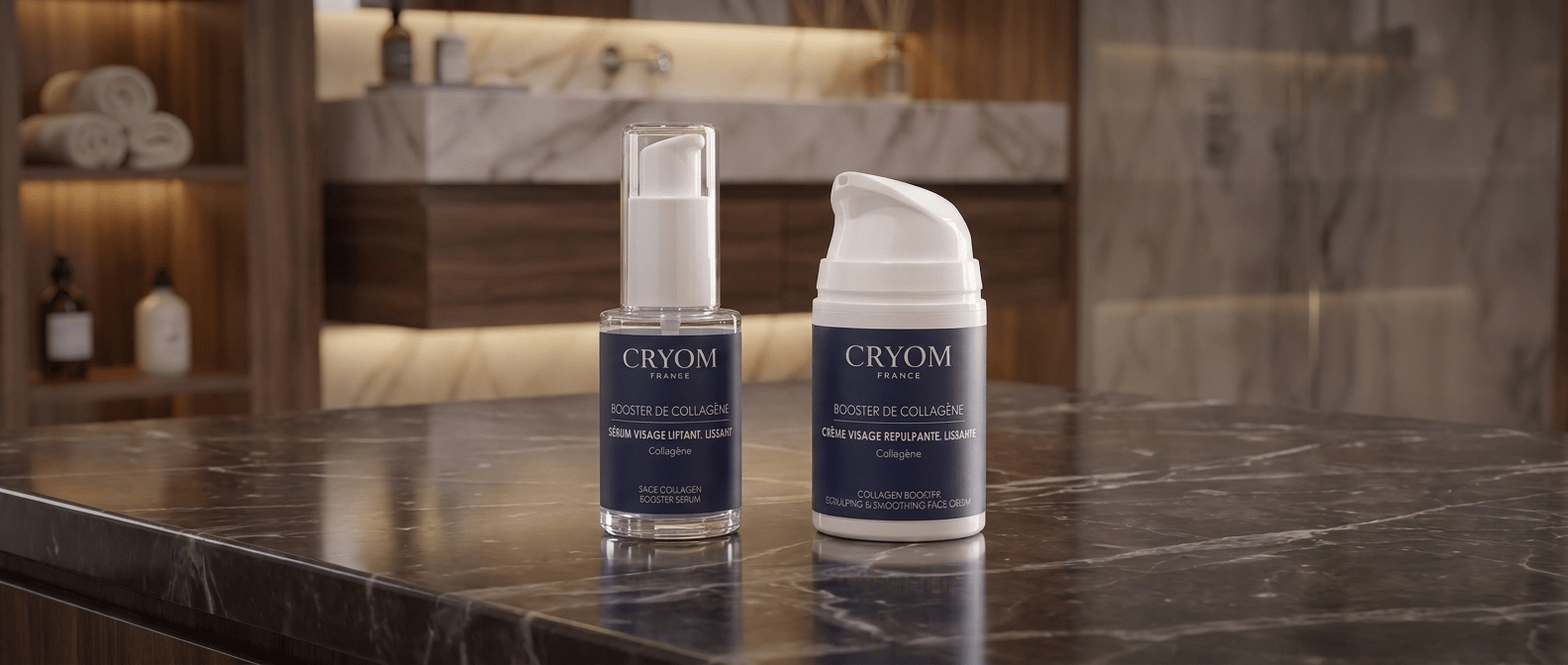 refaire cette image en ne laissant que les 2 produits sérum et crème visage booster de collagène. Centrer les 2 produits au centre de l'image.