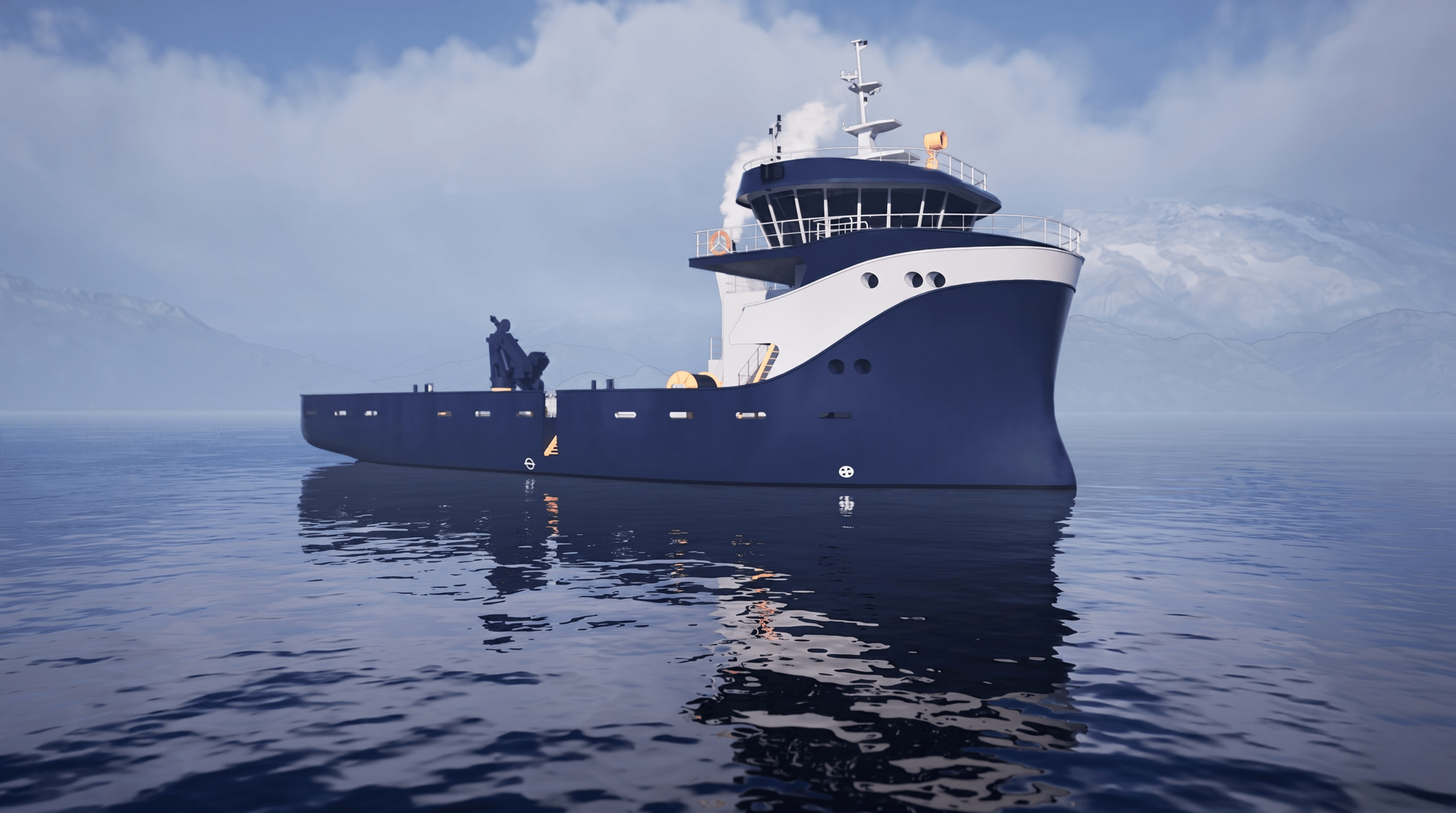 Photorealistic render of a modern brand-new offshore service vessel, exact same geometry and proportions as the reference, do not change the shape of the hull, superstructure, funnel, bridge, or any deck equipment, dark navy blue hull with clean white accommodation, wide open flat cargo deck with the same winches, cranes and equipment in the exact same positions, blue funnel with light exhaust smoke, realistic glass windows and railings, clean new paint with no rust or wear, floating on calm dark blue fjord water with accurate reflections and gentle ripples, snow-capped mountains in the background under soft natural daylight, volumetric atmospheric lighting, high detail materials and textures, cinematic high three-quarter aerial angle matching the original, ultra realistic, sharp details, 8k, photorealism