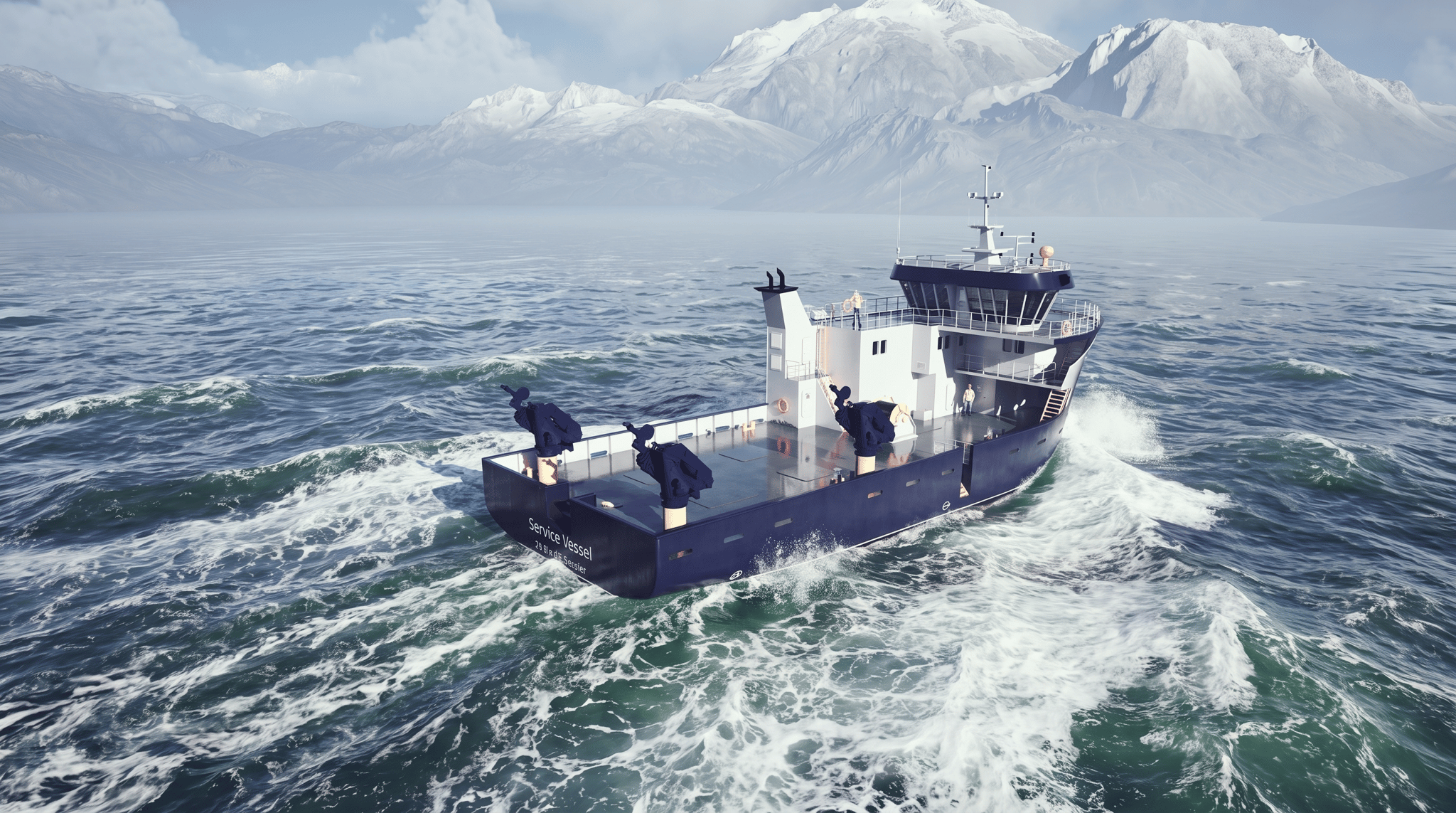 Using the reference image, enhance the scene with highly realistic ocean interaction. Add white sea foam and dynamic waves forming naturally around the hull and trailing in the wake, with subtle greenish tones mixed into the foam where the water is aerated. The water surface should show realistic wave patterns, depth, and motion. Preserve accurate scale and physics of water displacement. Materials and textures on the vessel should appear fully realistic: painted GRP hull with correct roughness, subtle wear, and reflections; matte and semi-gloss surfaces behaving naturally in daylight. Apply photorealistic natural lighting with soft daylight, physically correct reflections, realistic shadows, and accurate color balance. The final result should look like a real photograph of a working vessel at sea, no stylization, no CGI look, ultra-high realism.