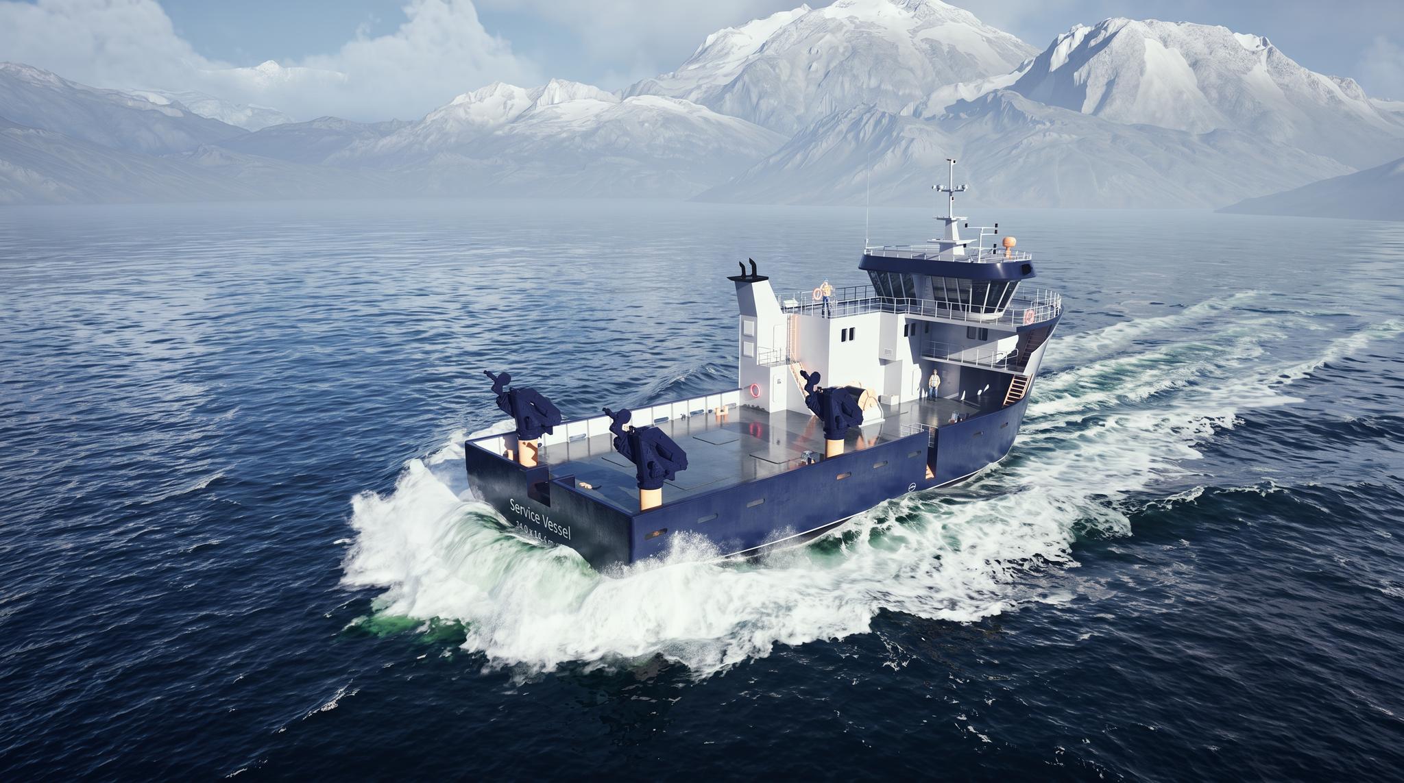 Using the reference image, enhance the scene with highly realistic ocean interaction. Add white sea foam and dynamic waves forming naturally around the hull and trailing in the wake, with subtle greenish tones mixed into the foam where the water is aerated. The water surface should show realistic wave patterns, depth, and motion. Preserve accurate scale and physics of water displacement. Materials and textures on the vessel should appear fully realistic: painted GRP hull with correct roughness, subtle wear, and reflections; matte and semi-gloss surfaces behaving naturally in daylight. Apply photorealistic natural lighting with soft daylight, physically correct reflections, realistic shadows, and accurate color balance. The final result should look like a real photograph of a working vessel at sea, no stylization, no CGI look, ultra-high realism.
