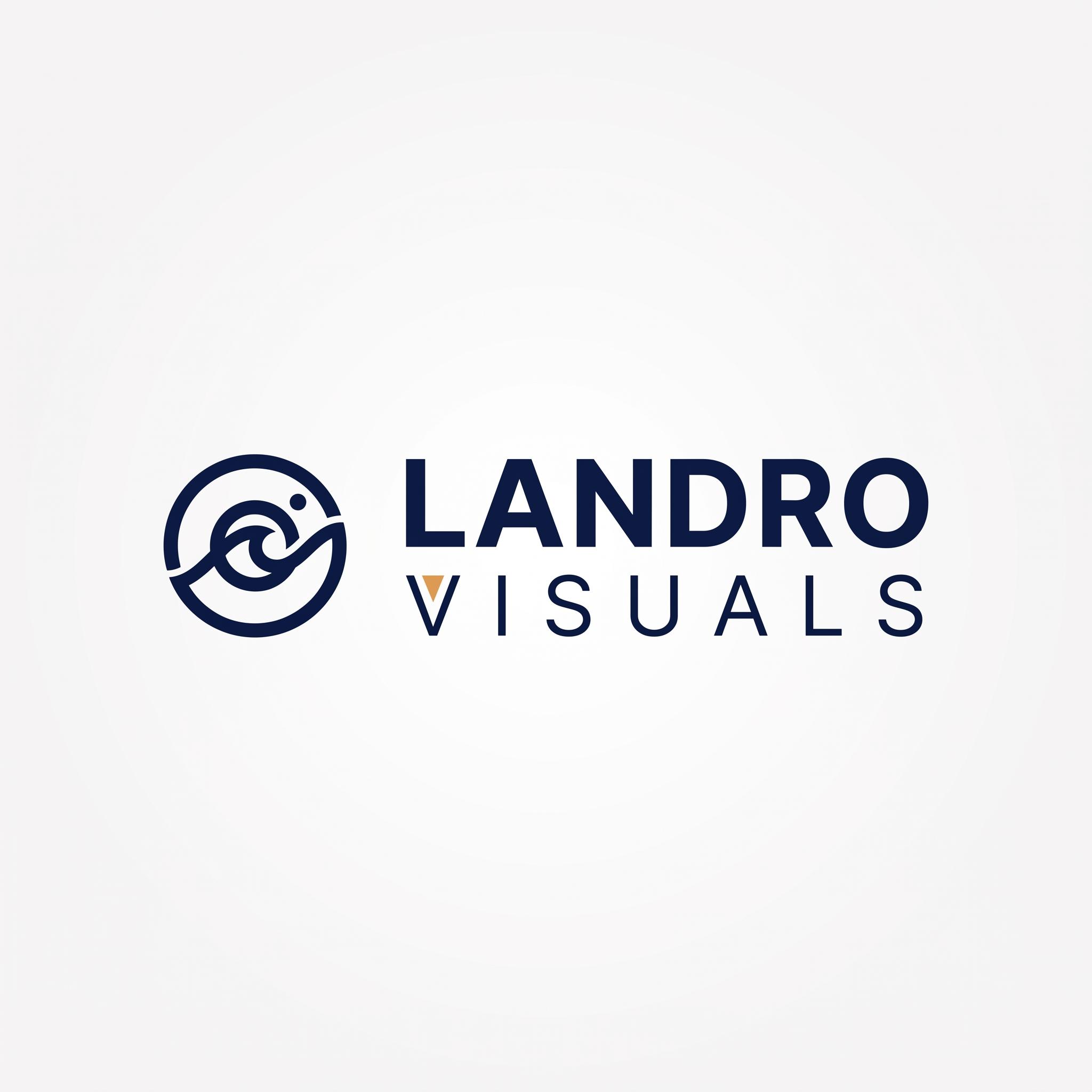 "Minimalist logo for a visual design studio called Landro Visuals, clean sans-serif wordmark with a subtle geometric accent, deep navy and warm amber on a soft off-white background, modern Scandinavian style, flat vector, high contrast, professional, no gradients, no shadows, centered composition, suitable for a website header with a small abstract mark combining a camera lens and a wave, placed to the left of the wordmark."