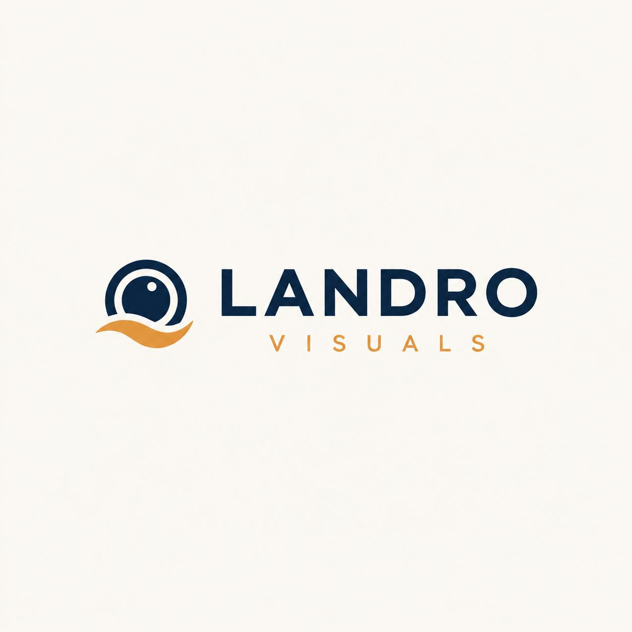 "Minimalist logo for a visual design studio called Landro Visuals, clean sans-serif wordmark with a subtle geometric accent, deep navy and warm amber on a soft off-white background, modern Scandinavian style, flat vector, high contrast, professional, no gradients, no shadows, centered composition, suitable for a website header with a small abstract mark combining a camera lens and a wave, placed to the left of the wordmark."
