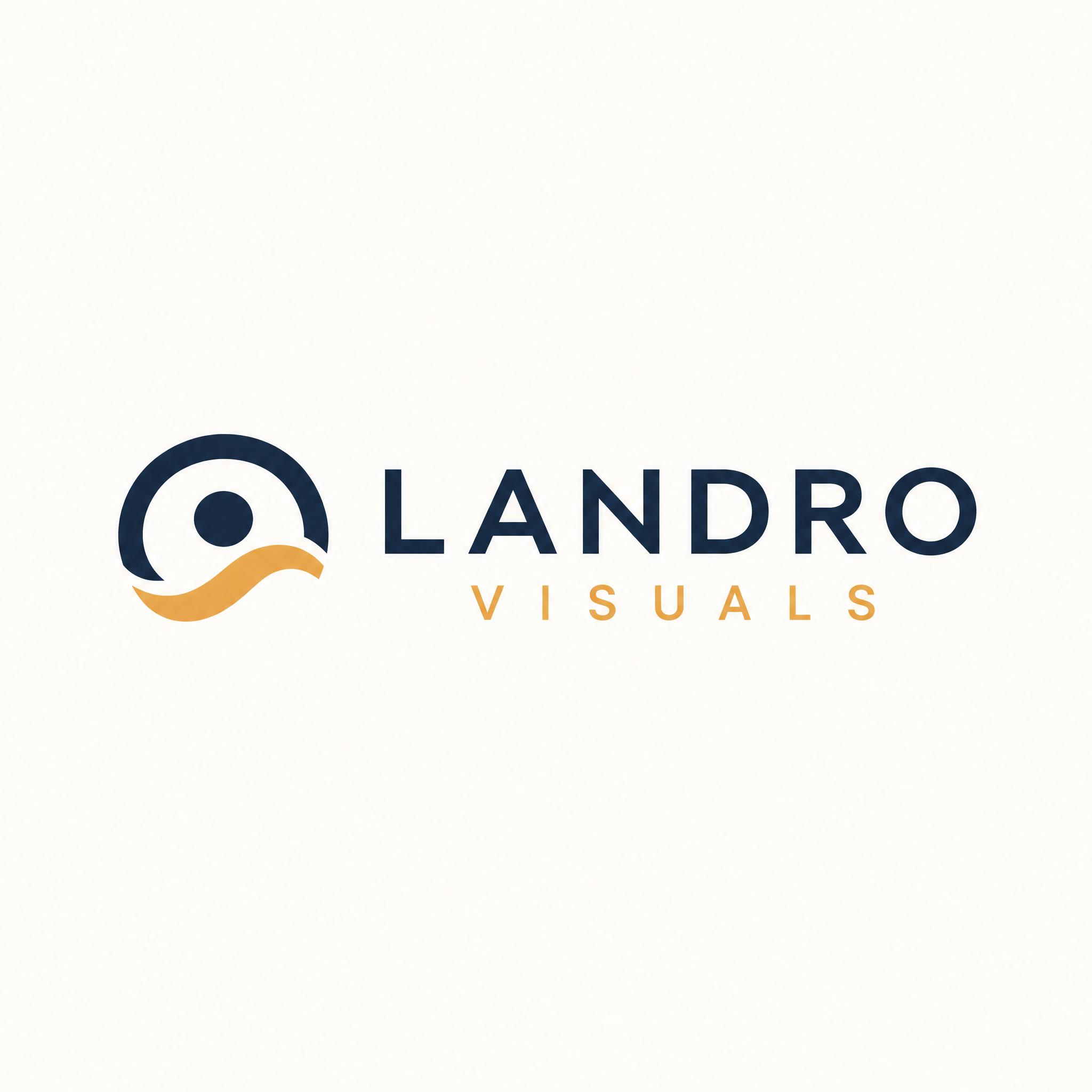 "Minimalist logo for a visual design studio called Landro Visuals, clean sans-serif wordmark with a subtle geometric accent, deep navy and warm amber on a soft off-white background, modern Scandinavian style, flat vector, high contrast, professional, no gradients, no shadows, centered composition, suitable for a website header with a small abstract mark combining a camera lens and a wave, placed to the left of the wordmark."