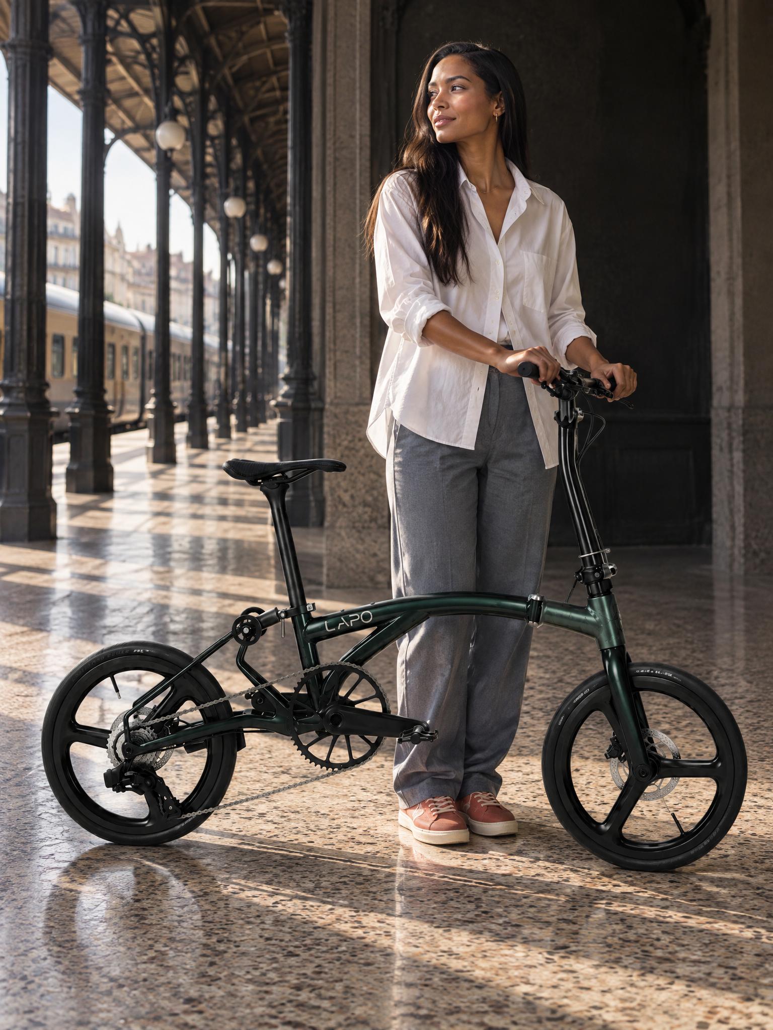 Create ONE vertical 3:4 premium fashion campaign photograph, not a collage, as a scene compositing transformation of the supplied bicycle product reference. Reference 1 defines the EXACT bicycle geometry and all component shapes; keep that geometry, stance and part layout unchanged. Reference 2 shows the same bicycle in the DEEP GREEN paint scheme and is used ONLY for that finish, its metallic depth and its headtube treatment; Reference 3 is the authoritative custom LAPO logo outline, only for small on-frame branding. One original fictional ADULT model, one unfolded bicycle. Preserve bicycle shape accurately: small equal wheels each THREE broad spokes, curved mainbeam, slender long seatpost and hollow saddle, tall curved stem, black fork, round rear folding joints, realistic connected drivetrain and chain. No generic diamond frame, extra tubes, wrong wheels, duplicated parts. Bike has both tires grounded and is stabilized at the explicitly described hand contact. No riding, pushing, lifting, floating, impossible balance. Black parts remain black; metallic short headtube only follows reference. Reproduce small custom LAPO outline on REAR half of mainbeam near seatpost, open stylized A and separated P stem, not a standard typed font. Full bike fits clearly and realistically in shot. Human face prominent and memorable, believable weight and fingers, couture editorial posture. Ground contact shadows physically agree with light. Person, fabric and bicycle remain separable, no garment inside wheels or chain. Visceral high-end fashion photograph, realistic pores, tactile materials, photographic lighting not plastic CGI, thoughtful installation-like visual event. No title, no large logo, no unrelated brand or watermark, no extra people. Paint scheme DEEP GREEN: deep forest-green metallic frame with a matching deep-green metallic short headtube shell, a dark chain and a small light wordmark on the mainbeam, metallic depth matched to Reference 1. Long stem, fork, seatpost, saddle, cranks and the three-broad-spoke wheels stay black. A fictional adult woman age 27, warm brown skin, long straight hair over one shoulder, warm neutral expression. Wearing an oversized white cotton shirt with grey-blue straight trousers and coral sneakers. Pose: she stands inside the last dark bay, both hands on the handlebar, feet together, looking out at the light. Set: an old railway-station arcade with a terrazzo floor, one long row of steel columns receding. Repeated pools of light lie on the terrazzo from the column spacing, and the last pool stops just short of her. Low camera slightly below the waist line, the grown model occupying about half of the frame with the complete unfolded bicycle fully visible across the lower half. The bicycle faces the RIGHT side of the frame, seen from its DRIVE side, chainring, chain and rear derailleur toward camera. Any wordmark visible on the frame must read correctly left to right, never mirrored or reversed. Both tires ON the ground, the complete unfolded bicycle readable across the frame, no motion blur, one edited finished photograph.