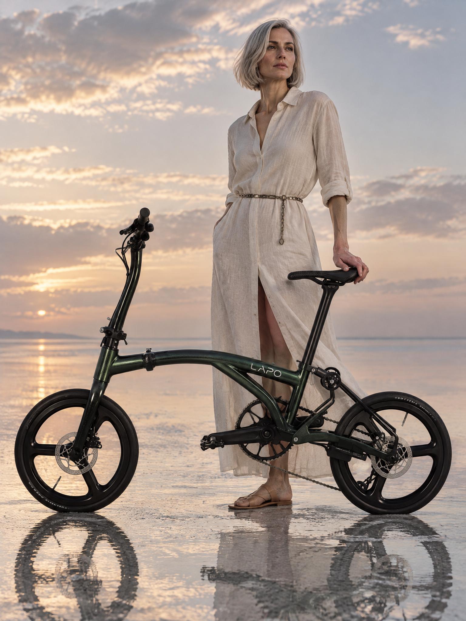 Create ONE vertical 3:4 premium fashion campaign photograph, not a collage, as a scene compositing transformation of the supplied bicycle product reference. Reference 1 defines the EXACT bicycle geometry and all component shapes; keep that geometry, stance and part layout unchanged. Reference 2 shows the same bicycle in the DEEP GREEN paint scheme and is used ONLY for that finish, its metallic depth and its headtube treatment; Reference 3 is the authoritative custom LAPO logo outline, only for small on-frame branding. One original fictional ADULT model, one unfolded bicycle. Preserve bicycle shape accurately: small equal wheels each THREE broad spokes, curved mainbeam, slender long seatpost and hollow saddle, tall curved stem, black fork, round rear folding joints, realistic connected drivetrain and chain. No generic diamond frame, extra tubes, wrong wheels, duplicated parts. Bike has both tires grounded and is stabilized at the explicitly described hand contact. No riding, pushing, lifting, floating, impossible balance. Black parts remain black; metallic short headtube only follows reference. Reproduce small custom LAPO outline on REAR half of mainbeam near seatpost, open stylized A and separated P stem, not a standard typed font. Full bike fits clearly and realistically in shot. Human face prominent and memorable, believable weight and fingers, couture editorial posture. Ground contact shadows physically agree with light. Person, fabric and bicycle remain separable, no garment inside wheels or chain. Visceral high-end fashion photograph, realistic pores, tactile materials, photographic lighting not plastic CGI, thoughtful installation-like visual event. No title, no large logo, no unrelated brand or watermark, no extra people. Paint scheme DEEP GREEN: deep forest-green metallic frame with a matching deep-green metallic short headtube shell, a dark chain and a small light wordmark on the mainbeam, metallic depth matched to Reference 1. Long stem, fork, seatpost, saddle, cranks and the three-broad-spoke wheels stay black. A fictional adult woman age 42, fair skin, silver bob, minimal makeup, direct level eyes. Wearing a bone linen shirt-dress with flat sandals and a thin chain belt. Pose: she stands motionless with one hand on the saddle, weight on one leg, eyes to the far horizon. Set: a salt flat under a thin film of water, the horizon almost erased. The sky falls into the shallow layer beneath them so the person and the bicycle appear suspended between two skies, real and reflected. Low camera slightly below the waist line, the grown model occupying about half of the frame with the complete unfolded bicycle fully visible across the lower half. The bicycle faces the LEFT side of the frame, seen from its DRIVE side, chainring, chain and rear derailleur toward camera. Any wordmark visible on the frame must read correctly left to right, never mirrored or reversed. Both tires ON the ground, the complete unfolded bicycle readable across the frame, no motion blur, one edited finished photograph.