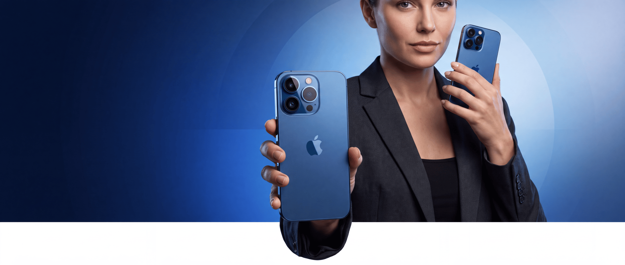 Create an ultra-photorealistic premium commercial smartphone campaign image for a high-end e-commerce store.
CANVAS & COMPOSITION:
* Final format: vertical 490 × 600 px
* Compose specifically for a Shopify collection card
* Maximum generation resolution / ultra-high-resolution source quality
* 8K-level detail and sharpness
* Keep all important subjects safely inside the frame
* Perfect proportions, realistic perspective and physically accurate scale
* Clean balanced composition with generous negative space
* No cropped phone edges, no cut hands, no awkward framing
COLOR DIRECTION:
Use #0F47DD as the main signature blue.
Create an elegant premium gradient using:
#0F47DD → deep navy blue → soft light blue highlights.
The blue must feel rich, sophisticated and technological, not overly saturated.
Include subtle circular geometric shapes in the background using tonal variations of #0F47DD.
The lower approximately 25% of the image should transition into a perfectly clean white area.
MODEL:
A sophisticated adult female technology model, approximately 25–30 years old.
Natural realistic facial anatomy, authentic skin texture, visible pores, subtle imperfections, individual hair strands, realistic eyes, natural lips and realistic hands.
Hair styled neatly and professionally.
Wearing an elegant dark charcoal / black premium blazer over a minimalist black top.
Confident luxury editorial expression.
Natural relaxed body posture.
Professional commercial-model styling — sophisticated, modern and trustworthy.
PRODUCT:
The model is presenting a premium blue Apple iPhone Pro-style smartphone toward the camera.
Deep blue finish coordinated beautifully with #0F47DD.
Three realistic camera lenses with physically accurate glass reflections, metallic rings and depth.
Correct smartphone proportions and realistic thickness.
Premium brushed-metal / glass materials.
Perfectly straight edges and realistic buttons.
The Apple logo should appear clean, centered and proportional on the phone.
The phone closest to the camera should appear slightly larger because of natural photographic perspective, but never distorted.
POSE:
One hand extends the blue iPhone toward the camera in a confident product-presentation pose.
The second hand can elegantly hold another blue iPhone near the upper body or face.
Hands must have exactly five natural fingers each.
Correct finger joints, nail anatomy and realistic grip.
No duplicated fingers, merged fingers or deformed hands.
LIGHTING:
High-end professional advertising studio lighting.
Large softbox key light.
Soft controlled fill light.
Elegant blue rim light matching #0F47DD.
Realistic reflections on the iPhone camera lenses and metal surfaces.
Natural shadow falloff.
Soft cinematic depth.
Premium Apple / luxury technology campaign photography quality.
CAMERA:
Shot on a professional full-frame commercial camera.
85mm portrait lens look.
ISO 100.
f/8 product-photography sharpness.
Extremely crisp focus on both the model and smartphone.
Natural perspective.
Real photographic dynamic range.
High micro-contrast without artificial over-sharpening.
Clean commercial color grading.
IMAGE QUALITY:
Ultra-photorealistic.
8K commercial advertising quality.
Extremely high texture fidelity.
Natural skin detail.
Realistic fabric weave.
Accurate material reflections.
Clean edges.
No compression artifacts.
No excessive HDR.
No plastic-looking skin.
No artificial smoothing.
No CGI appearance.
No illustration appearance.
No obvious generative-AI aesthetic.
STYLE:
Premium European technology advertising campaign.
Minimal.
Modern.
Luxury.
Trustworthy.
High conversion e-commerce visual.
Comparable to a professional studio campaign photographed for a major global smartphone brand.
IMPORTANT:
The image must look like it was photographed by a real commercial photographer with a real model and a real physical smartphone.
Do not make it look AI-generated.
AVOID:
extra fingers, missing fingers, distorted hands, duplicated phones, warped smartphones, incorrect camera lenses, asymmetrical eyes, waxy skin, plastic skin, strange teeth, unnatural facial features, unrealistic reflections, floating objects, malformed Apple logos, fake typography, gibberish text, excessive glow, excessive blur, oversaturated blue, cartoon styling, CGI rendering, illustration, low resolution, noise, halos, artifacts or unnatural anatomy.
Do not add any headline, slogan, random letters, labels, watermarks or promotional text inside the image.