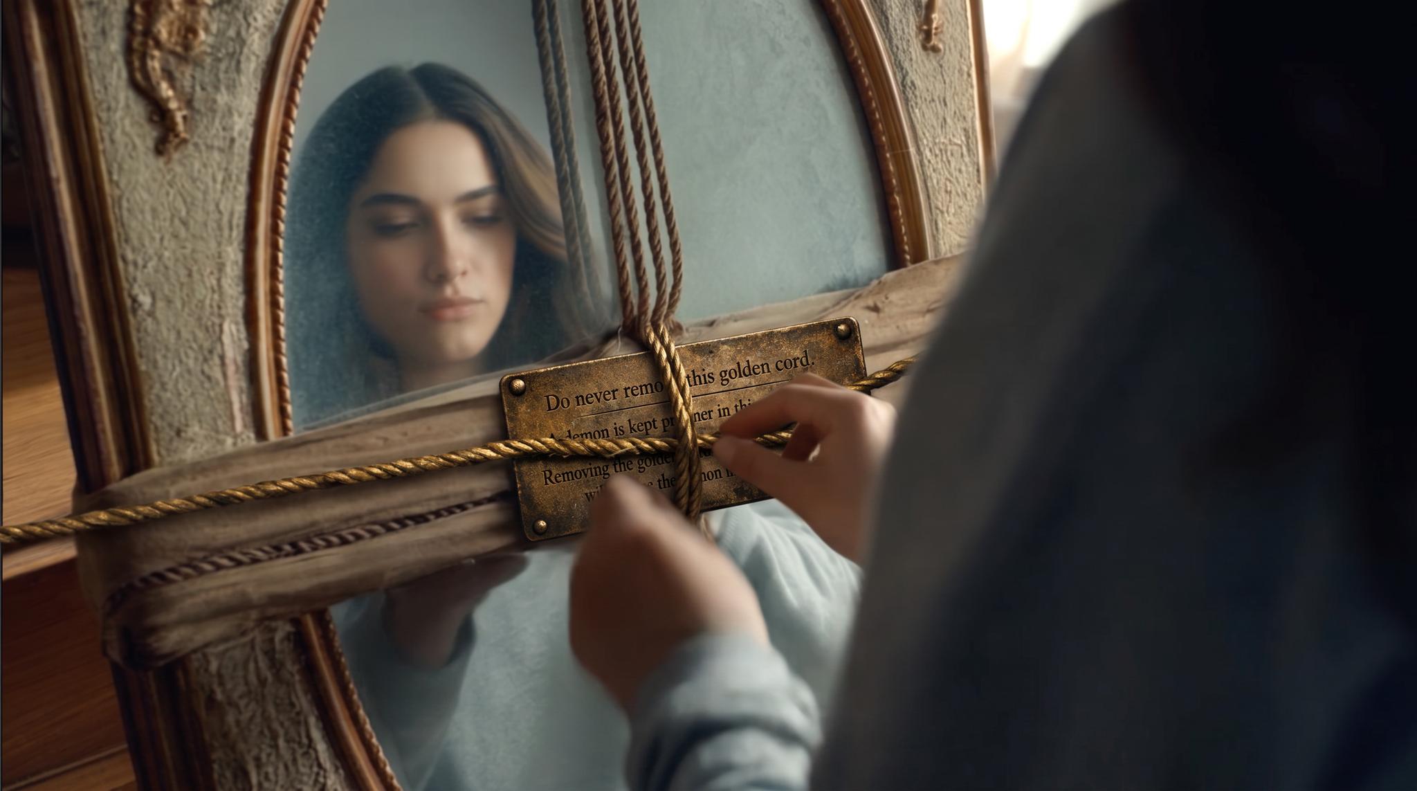 replace the message note hanging on the mirror on the second image with this metal plate piece on the first image. Do not remove anything else. Only replace the paper message with the metal plate