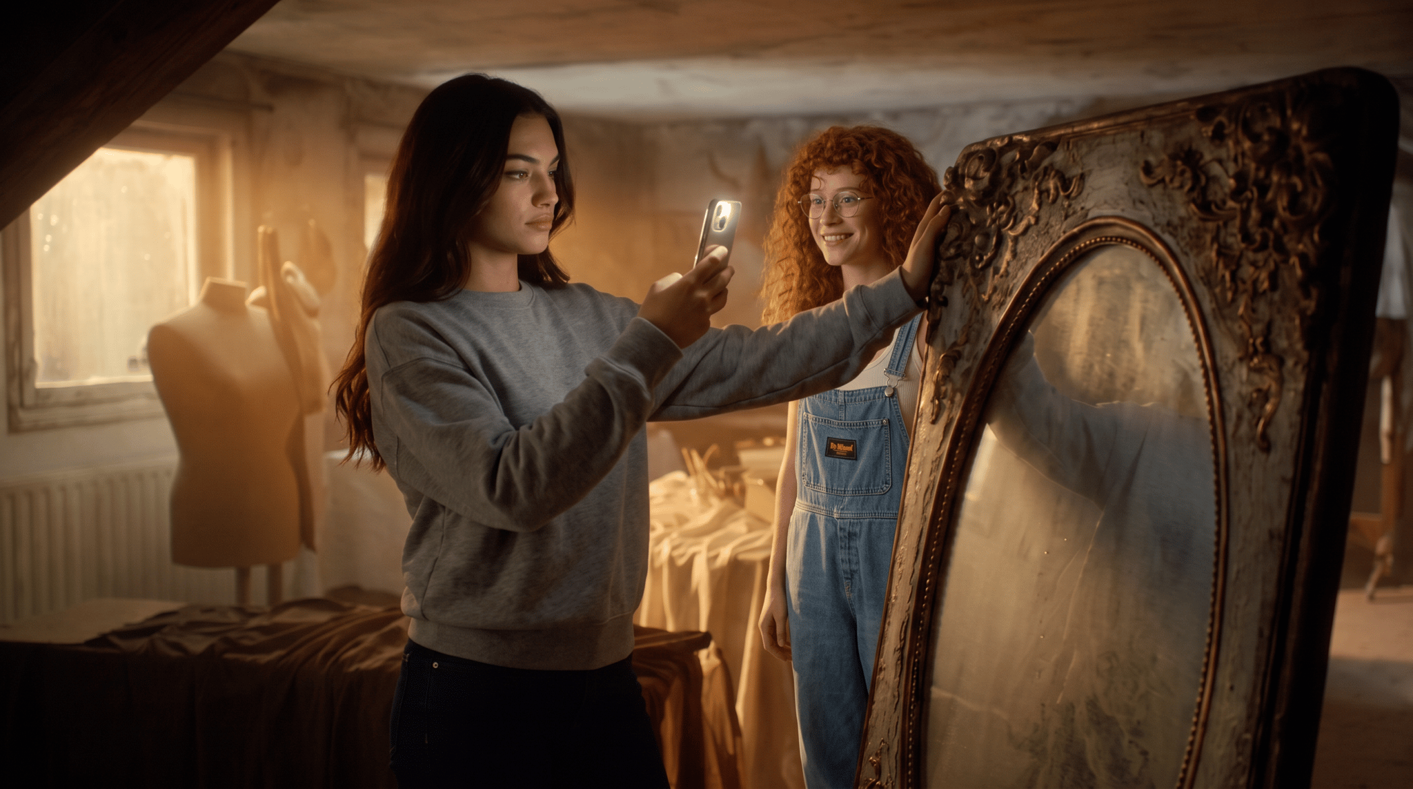 add the woman on the second image to the scene on the first image. She is standing on the right side next to the mirror turning to the left looking at her and smiling.