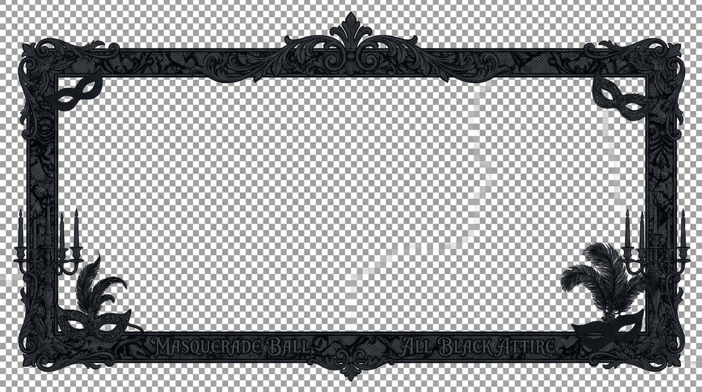 please create rectangle  PNG frame for a masquerade ball. all black attire.