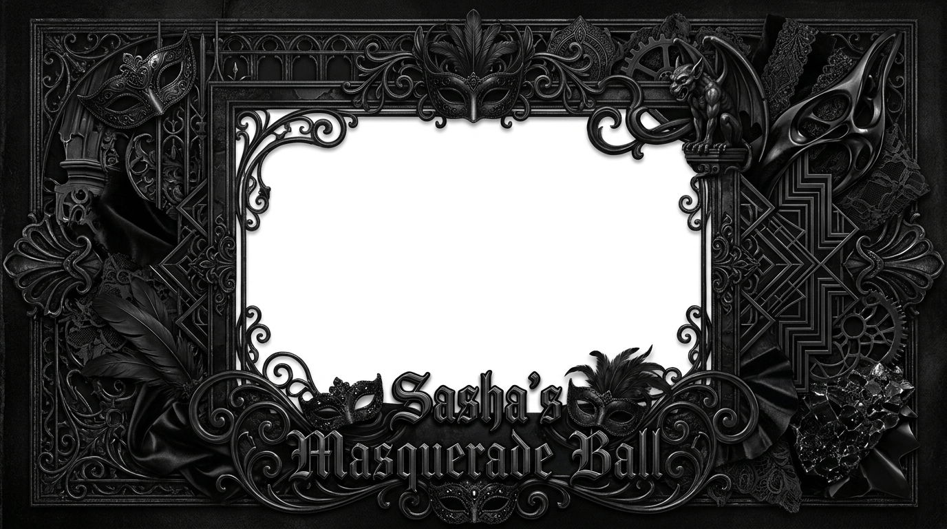 please create 1920 x 1080  PNG frame for a masquerade ball. all black attire. use the name "Sasha's Masquerade Ball" in the frame. make it like it's been worked by 1000 designers.