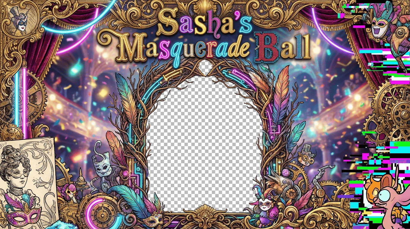 please create 1920 x 1080 PNG frame for a masquerade ball for kids. use the words "Sasha's Masquerade Ball" in the frame. make it like it's been worked by 1000 designers.