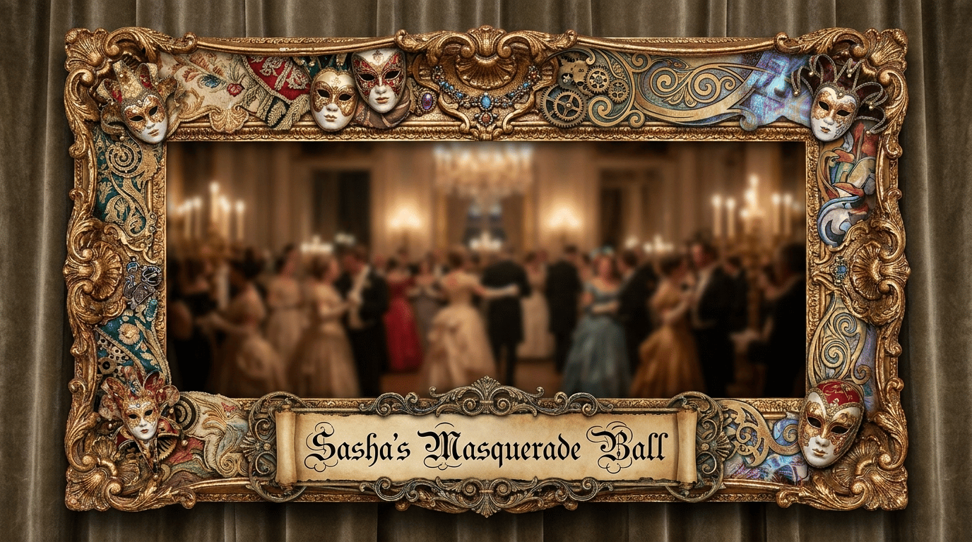 please create 1920 x 1080  PNG frame for a masquerade ball for adults.  use the words "Sasha's Masquerade Ball" in the frame at the bottom. Also, make it like it's been worked by 1000 designers.