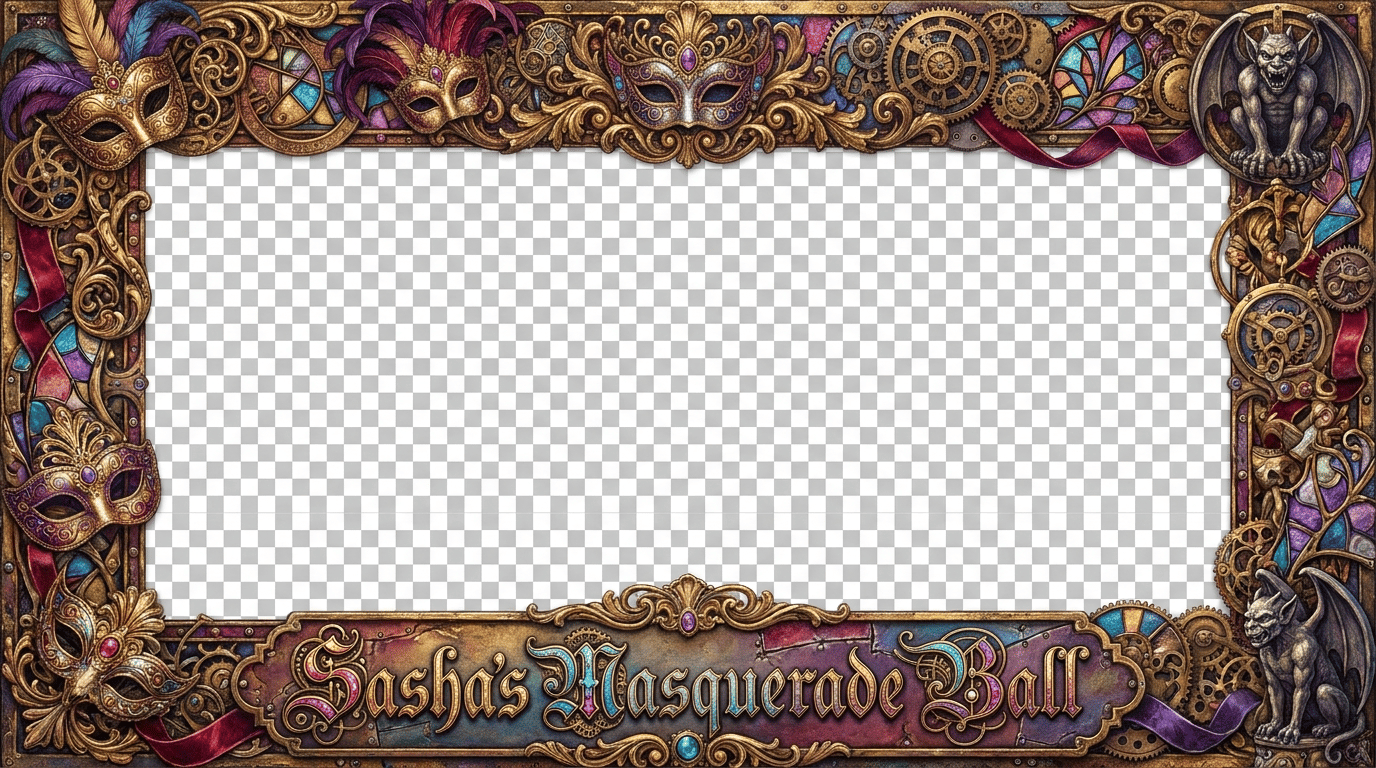 please create 1920 x 1080 PNG frame for a masquerade ball for adults. use the words "Sasha's Masquerade Ball" in the frame at the bottom. Also, make it like it's been worked by 1000 designers. keep inside the frame blank. Design only the borders.