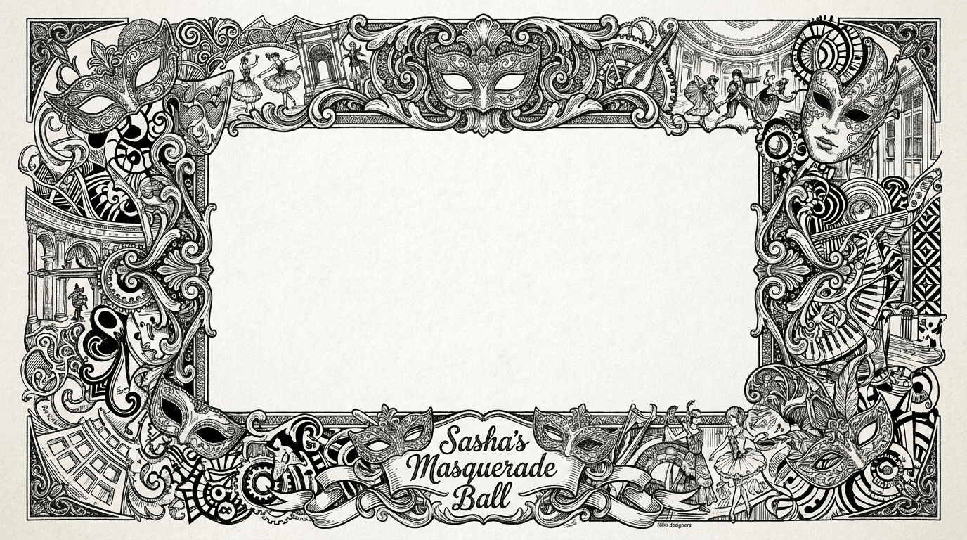 please create 1920 x 1080  PNG frame for a masquerade ball for professionals.  use the words "Sasha's Masquerade Ball" in the frame at the bottom. Also, make it like it's been worked by 1000 designers.  keep inside the frame blank.  Design only the borders in black.