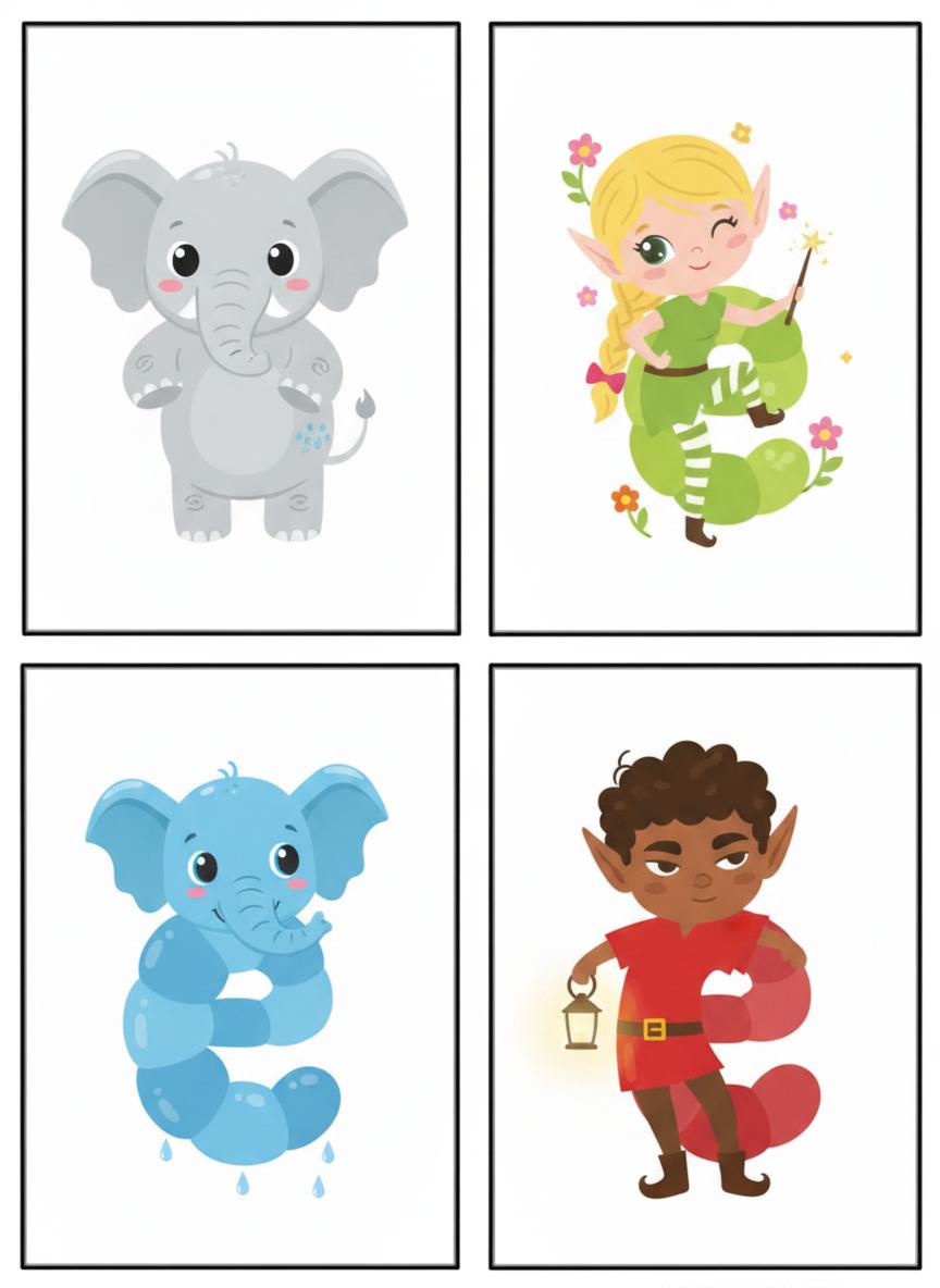 S'inspirer des images dessous dont le corps du chat represente un c (minuscule) pour creer 4 images différentes d'elephants et ou d'elf dont le corps forme la lettre e (minuscule),