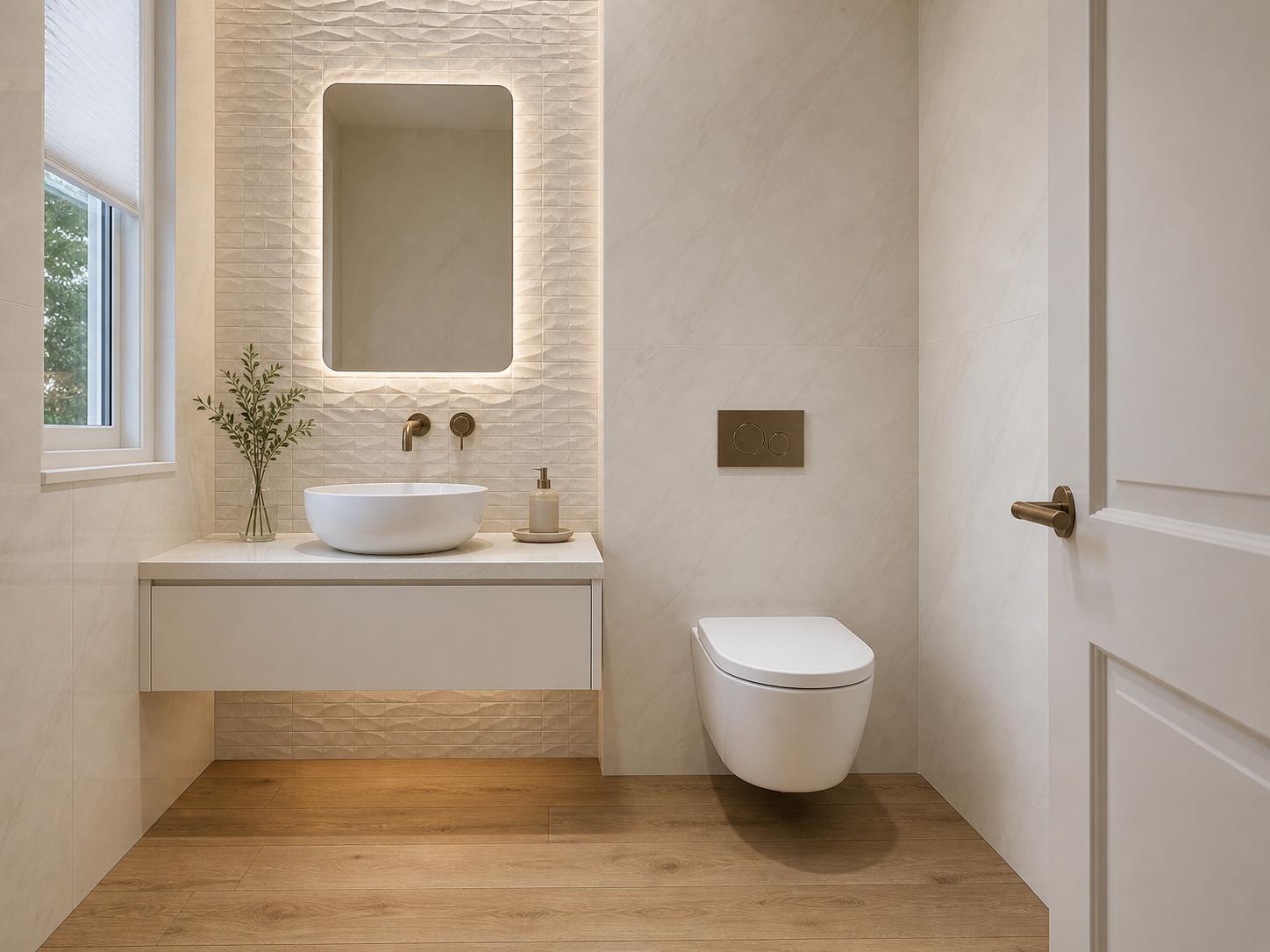 Create a photorealistic architectural interior rendering of the proposed renovation of the existing powder room, using the uploaded floor plan and tile samples as strict references.

Geometry and layout — critical

Do not redesign or reinterpret the room. Preserve the existing architecture and follow the attached floor plan exactly.

Maintain the actual room dimensions, proportions, wall locations, doorway, window, projecting walls/columns, and ceiling configuration shown in the plan and existing photos.
Keep the sink/vanity on the left side, exactly where shown on the plan.
Keep the toilet on the right side, in its existing/planned location and orientation.
Preserve the existing window on the left exterior wall beside the vanity area. Do not relocate, enlarge, reduce, or invent windows.
Preserve the projecting wall behind the sink and mirror as an architectural feature. It should remain visibly proud of the surrounding wall surfaces, similar in overall geometry to the existing mosaic-clad projection.
The vanity should follow the footprint indicated on the plan and should not extend across the entire wall.
Do not add a shower, bathtub, additional vanity, cabinetry, shelving, niches, partitions, or other architectural elements not shown on the plan.

New material palette

Replace all existing brown finishes and glass mosaic with the new specified materials:

Floor:
Use the uploaded Delaware Natural 12 x 71 wood-look porcelain tile planks. Match the supplied sample closely: warm natural oak tone, realistic grain and knots, matte finish. Install as long planks with subtle staggered joints. This is porcelain tile, not actual hardwood.

Main walls:
Use the uploaded Glem White Polished 47 x 47 tile on the main wall surfaces. Match the reference exactly: very light warm-white/ivory stone appearance with extremely subtle soft gray-beige veining. Large-format tiles with minimal grout joints. The room should feel bright and sophisticated rather than heavily veined.

Feature/projecting wall behind sink:
Clad the projecting architectural wall behind the sink and mirror with the uploaded Mosaico Nantes Caliza 18 x 47. Reproduce its distinctive dimensional, irregular geometric relief pattern and warm off-white/caliza coloration. Do not substitute generic square mosaic tiles. The texture and relief of the Nantes Caliza tile should be clearly visible under grazing light.

Fixtures
Elegant white vessel sink, centered on the vanity as indicated by the plan.
Minimal white floating vanity/counter, visually light and contemporary.
White wall-hung toilet in the location shown on the plan.
Wall-mounted toilet flush plate.
Wall-mounted faucet at sink.
All exposed plumbing fixtures, faucet, flush plate, accessories and hardware in a refined warm brushed bronze / aged bronze finish — not chrome, black, or bright gold.
Contemporary mirror centered above the sink, preferably softly backlit or with discreet integrated lighting.
Design character

Aim for warm contemporary Mediterranean / refined modern residential design: natural oak tones, warm ivory stone, tactile relief tile, bronze accents and restrained detailing.

The new room should feel materially related to the supplied inspiration images but must retain the actual architecture and layout of the existing Katopodis powder room rather than copying the reference rooms.

Use warm-white architectural lighting around 2700–3000K, supplemented by realistic daylight from the existing window. Allow grazing light across the Mosaico Nantes Caliza feature wall to emphasize its three-dimensional texture.

Camera

Generate an eye-level architectural interior perspective from approximately the doorway, looking toward the vanity and toilet, similar to how a person would experience the room upon entering. Use approximately a 24–28 mm full-frame architectural lens, vertical lines perfectly vertical, natural perspective, no fisheye distortion.

The final result should look like a high-end professional architectural photograph, not a CGI concept image: realistic material scale, accurate grout joints, subtle reflections on the polished Glem White tile, realistic bronze metal, natural shadows, balanced exposure, and physically believable lighting.

Most important: use the floor plan and existing-condition photographs as the authority for geometry. Do not change the room layout or invent architectural features. Only renovate the finishes, fixtures, lighting, and detailing described above.