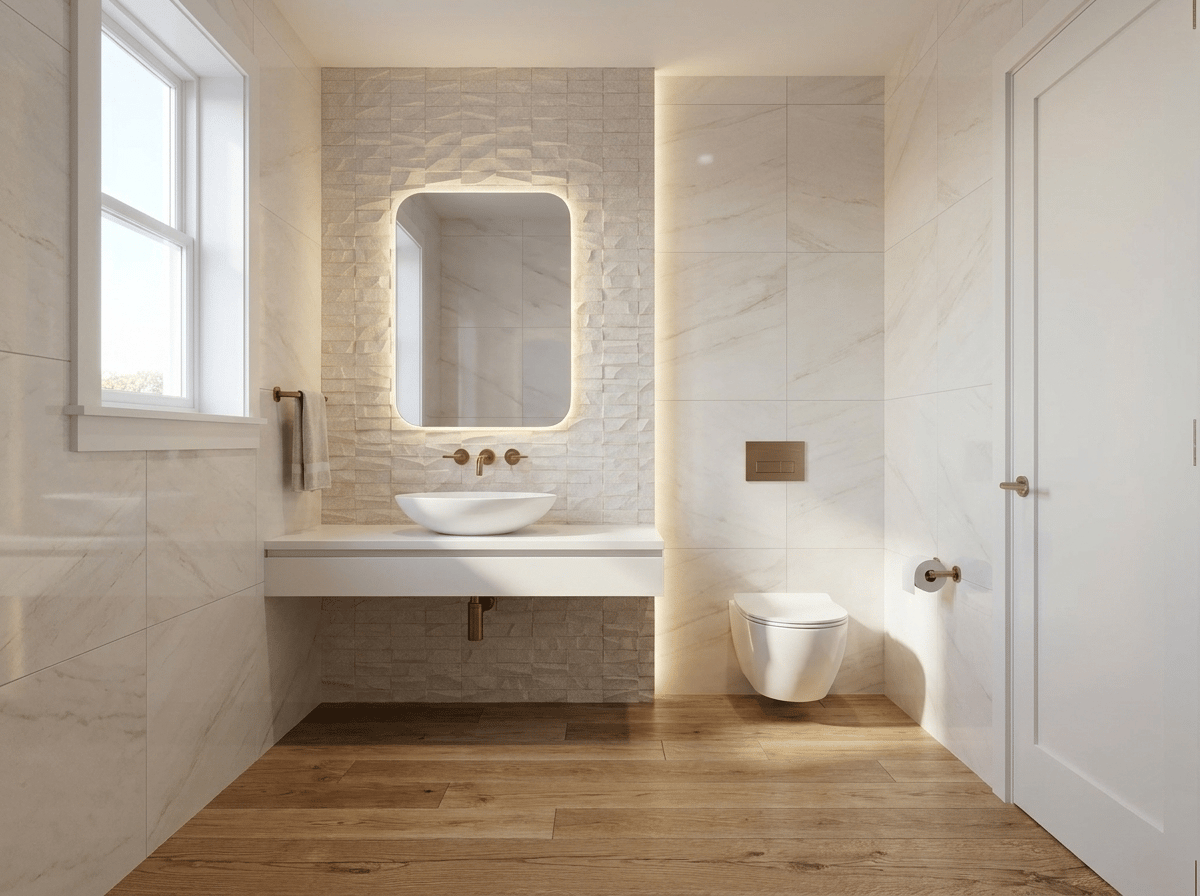 Create a photorealistic architectural interior rendering of the proposed renovation of the existing powder room, using the uploaded existing-condition photographs, floor plan andc tile samples as strict references.

Geometry and layout — critical

Do not redesign or reinterpret the room. Preserve the existing architecture and follow the attached floor plan exactly.

Maintain the actual room dimensions, proportions, wall locations, doorway, window, projecting walls/columns, and ceiling configuration shown in the plan and existing photos.
Use the existing photographs to understand the true three-dimensional geometry.
Keep the sink/vanity exactly where shown on the plan.
Keep the toilet  in its existing/planned location and orientation.
Preserve the existing window on the exterior wall beside the vanity area. Do not relocate, enlarge, reduce, or invent windows.
Preserve the projecting wall behind the sink and mirror as an architectural feature. It should remain visibly proud of the surrounding wall surfaces, similar in overall geometry to the existing mosaic-clad projection.
The vanity should follow the footprint indicated on the plan and should not extend across the entire wall.
Do not add a shower, bathtub, additional vanity, cabinetry, shelving, niches, partitions, or other architectural elements not shown on the plan.
New material palette

Replace all existing brown finishes and glass mosaic with the new specified materials:

Floor:
Use the uploaded Delaware Natural 12 x 71 wood-look porcelain tile planks. Match the supplied sample closely: warm natural oak tone, realistic grain and knots, matte finish. Install as long planks with subtle staggered joints. This is porcelain tile, not actual hardwood.

Main walls:
Use the uploaded Glem White Polished 47 x 47 tile on the main wall surfaces. Match the reference exactly: very light warm-white/ivory stone appearance with extremely subtle soft gray-beige veining. Large-format tiles with minimal grout joints. The room should feel bright and sophisticated rather than heavily veined.

Feature/projecting wall behind sink:
Clad the projecting architectural wall behind the sink and mirror with the uploaded Mosaico Nantes Caliza 18 x 47. Reproduce its distinctive dimensional, irregular geometric relief pattern and warm off-white/caliza coloration. Do not substitute generic square mosaic tiles. The texture and relief of the Nantes Caliza tile should be clearly visible under grazing light.

Fixtures
Elegant white vessel sink, centered on the vanity as indicated by the plan.
Minimal white floating vanity/counter, visually light and contemporary.
White wall-hung toilet in the location shown on the plan.
Wall-mounted toilet flush plate.
Wall-mounted faucet at sink.
All exposed plumbing fixtures, faucet, flush plate, accessories and hardware in a refined warm brushed bronze / aged bronze finish — not chrome, black, or bright gold.
Contemporary mirror centered above the sink, preferably softly backlit or with discreet integrated lighting.
Design character

Aim for warm contemporary Mediterranean / refined modern residential design: natural oak tones, warm ivory stone, tactile relief tile, bronze accents and restrained detailing.

Use warm-white architectural lighting around 2700–3000K, supplemented by realistic daylight from the existing window. Allow grazing light across the Mosaico Nantes Caliza feature wall to emphasize its three-dimensional texture.

Camera

Generate an eye-level architectural interior perspective from approximately the doorway, looking toward the vanity and toilet, similar to how a person would experience the room upon entering. Use approximately a 24–28 mm full-frame architectural lens, vertical lines perfectly vertical, natural perspective, no fisheye distortion.

The final result should look like a high-end professional architectural photograph, not a CGI concept image: realistic material scale, accurate grout joints, subtle reflections on the polished Glem White tile, realistic bronze metal, natural shadows, balanced exposure, and physically believable lighting.

Most important: use the floor plan and existing-condition photographs as the authority for geometry. Do not change the room layout or invent architectural features. Only renovate the finishes, fixtures, lighting, and detailing described above.