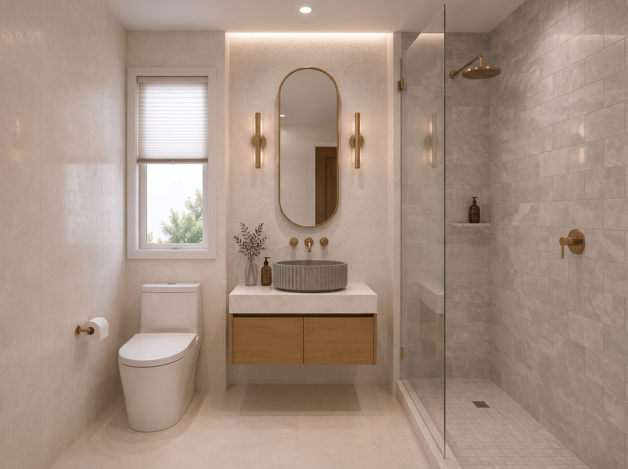 Better center the vanity into the wall niche. Remove the pots from the floor. Remove handle from shower glass. No other changes.