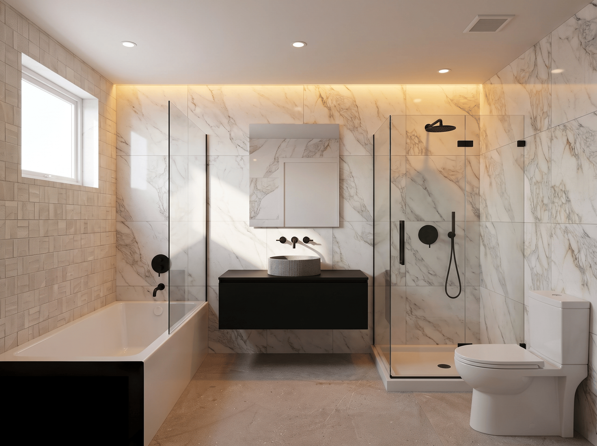 Do 3d view of bath . Follow exactly the provided plan, no geometry or layout changes Finishes: Durango Acero 47x47 at the floor and Calacatta Antico Polished at the walls. Block Butan Bone 18x47 at tub walls. Black vanity, Trueform Groov Concrete Vessel sink. See reference images for the tiles, follow exactly the plan layout.