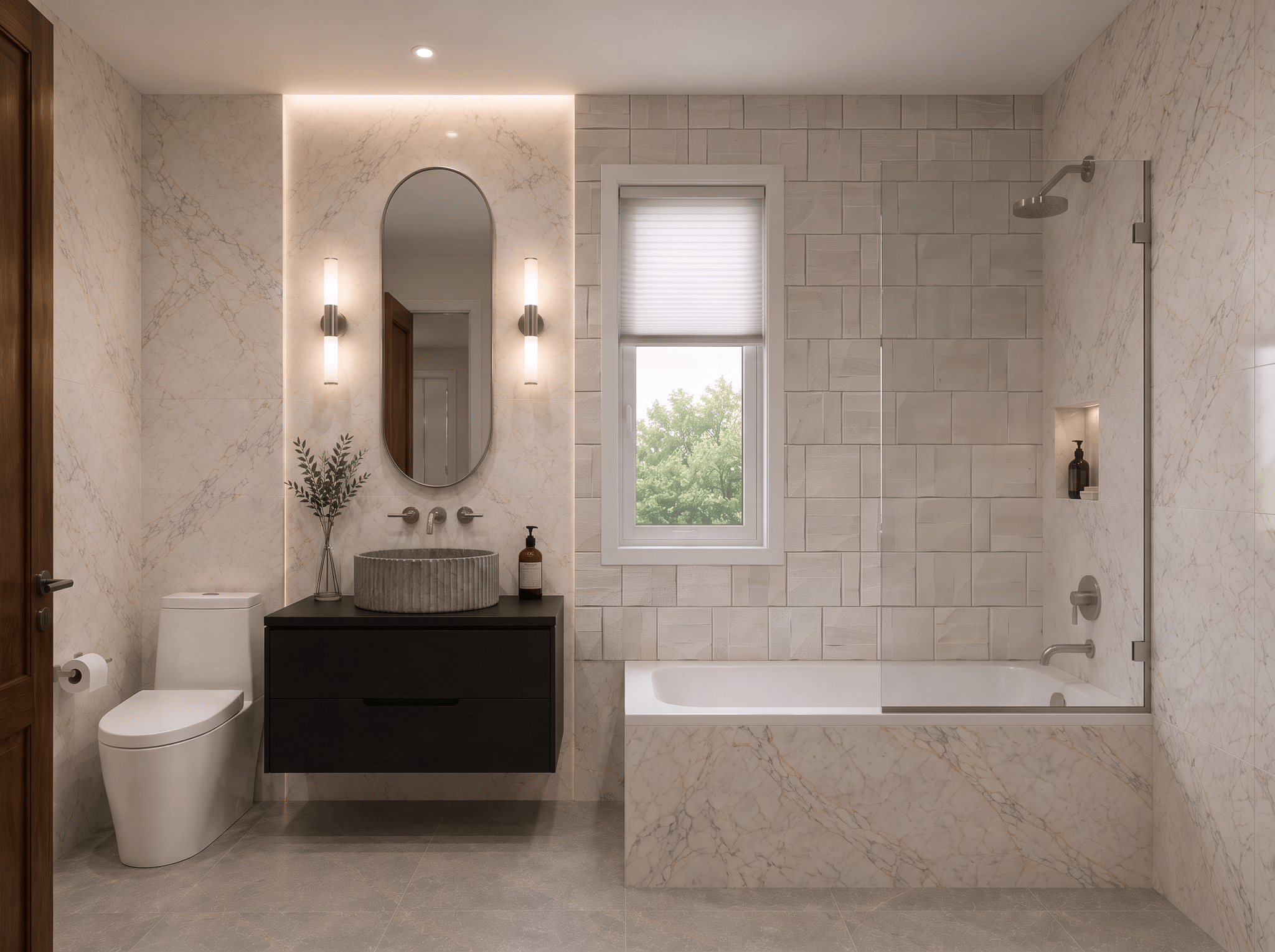 Remove the window from its current location and place it at the center of the tub wall on the right side. Ass glass divider on tub. Tub walls with Block Butan Bone 18x47, see attached.