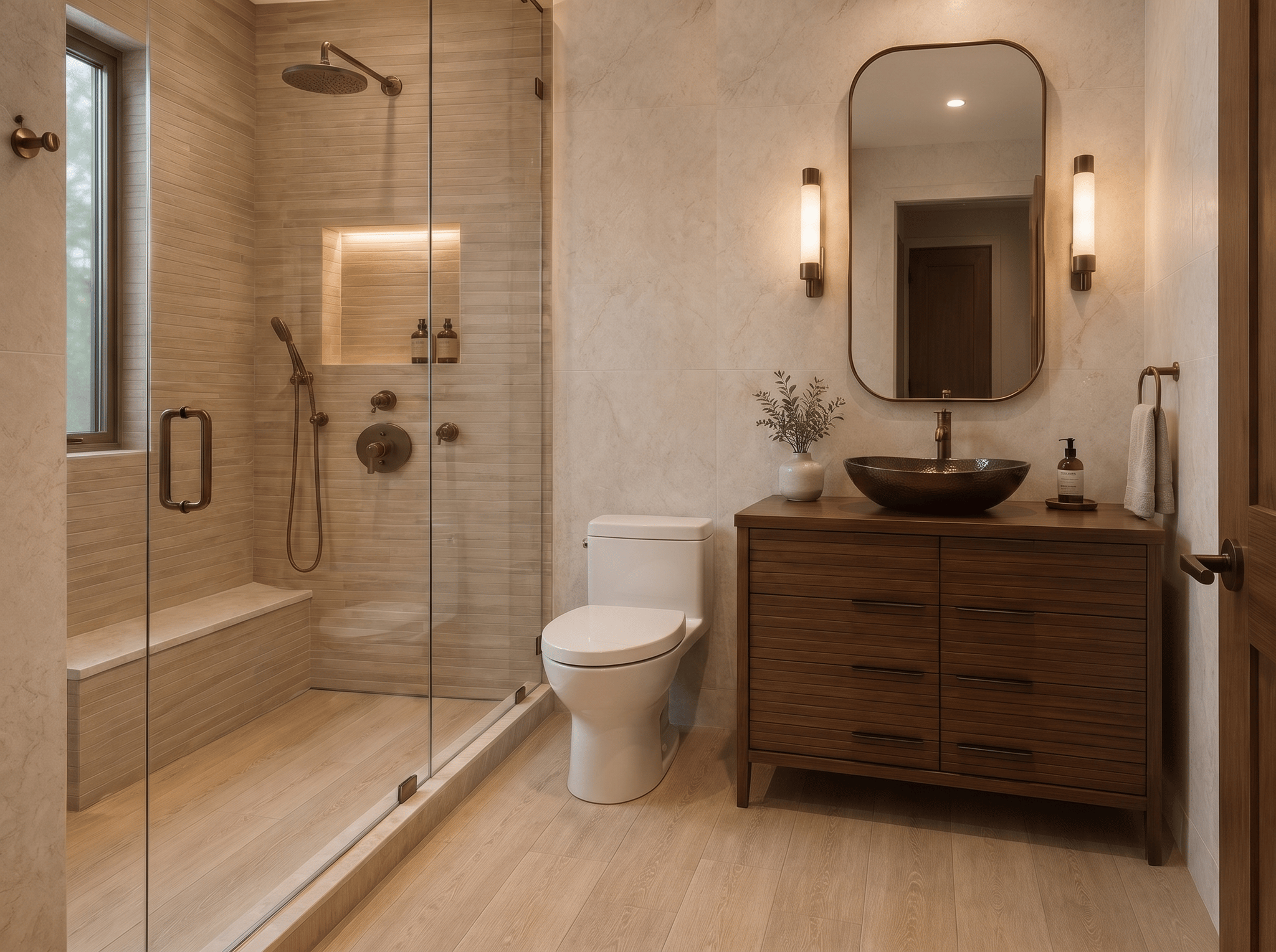 Rotate the toilet bowl at the same place. Needs  to be parallel with the shower, facing the vanity. The shower floor should have same floor as the rest of the bathroom, manhattan maple. No other changes.