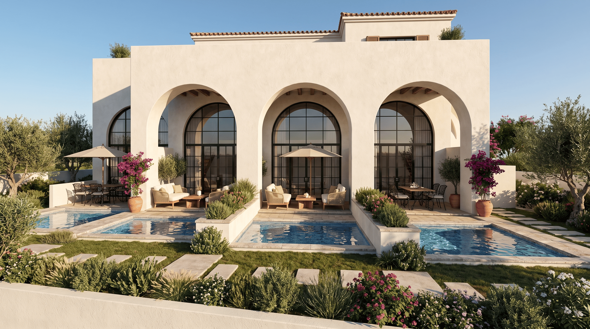 Make this image more realistic and keep the same proportions , add exterior furniture and scenery. Make it with a modern spanish style.