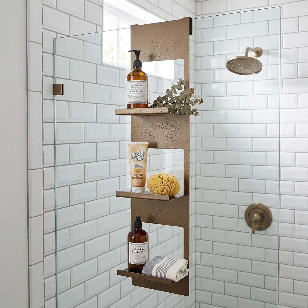 Hintergrund für dieses Regal, Badezimmer im modernen Landhausstil wie bei Joanna Gaines, Regal wird oben an der Duschwand eingehängt im inneren der Dusche, ein paar Badaccessoires wie Shampoo, Duschdas usw. als Dekoration auf dem Regal
