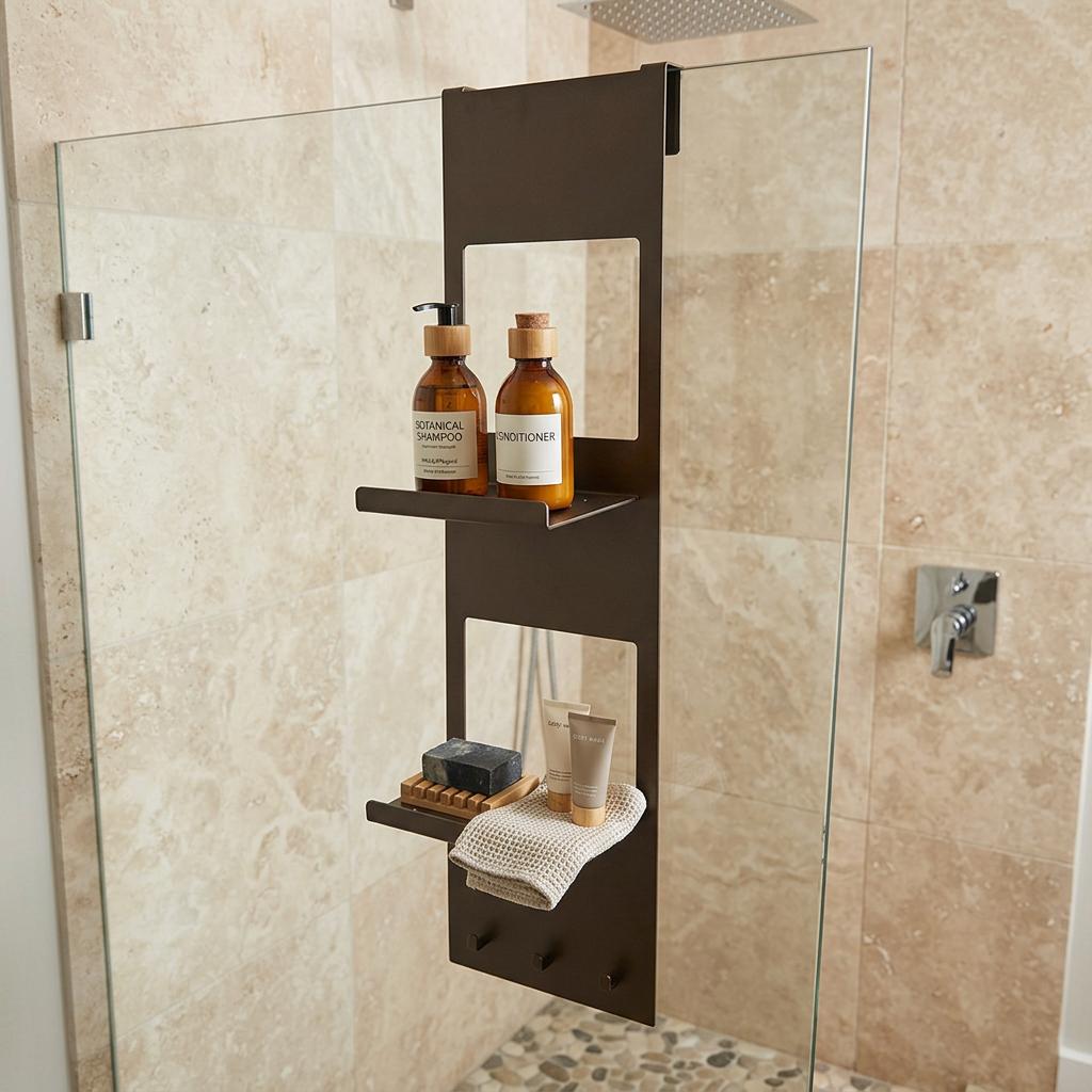 Hintergrund für dieses Regal, Badezimmer im modernen Stil in natürlichen Farbtönen gehalten, Regal wird oben an der Duschwand eingehängt im inneren der Dusche, ein paar Badaccessoires wie Shampoo usw. als Dekoration auf dem Regal