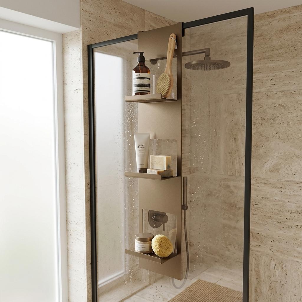 Hintergrund für dieses Regal mit3 Ablagen, Badezimmer im modernen Stil in natürlichen Farbtönen  gehalten, Regal wird oben an der Duschwand eingehängt im inneren der Dusche, ein paar Badaccessoires wie Shampoo usw. als Dekoration auf dem Regal