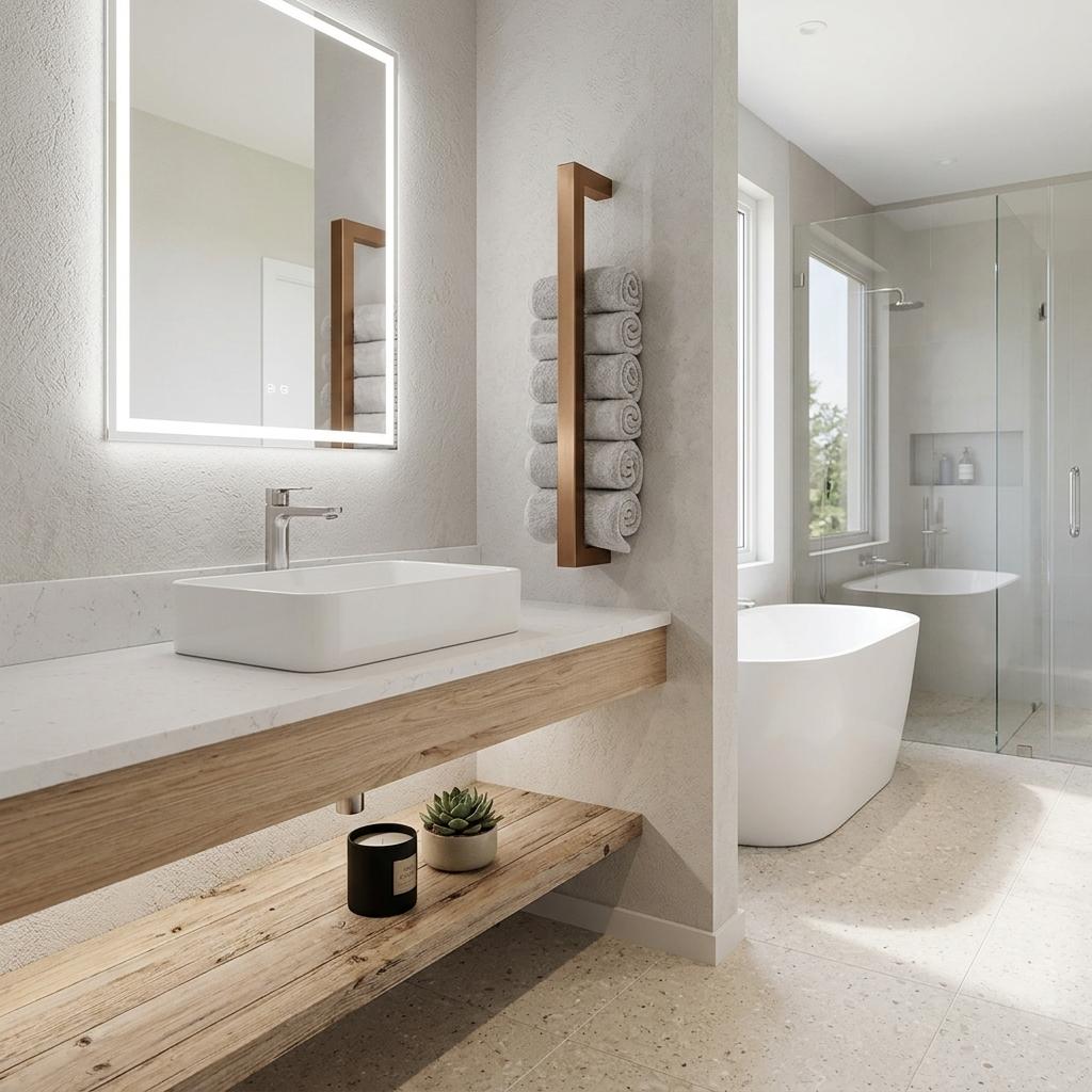 Badezimmer, modern und stilvoll, Handtuchhalter an der Wand neben dem Waschbecken, zusammengerollte Handtücher zwischen Wand und Handtuchhalter, wie auf Referenzbild2. Bad soll in hellen Farben gestaltet sein, mit natürlichen Elementen wie Holz,